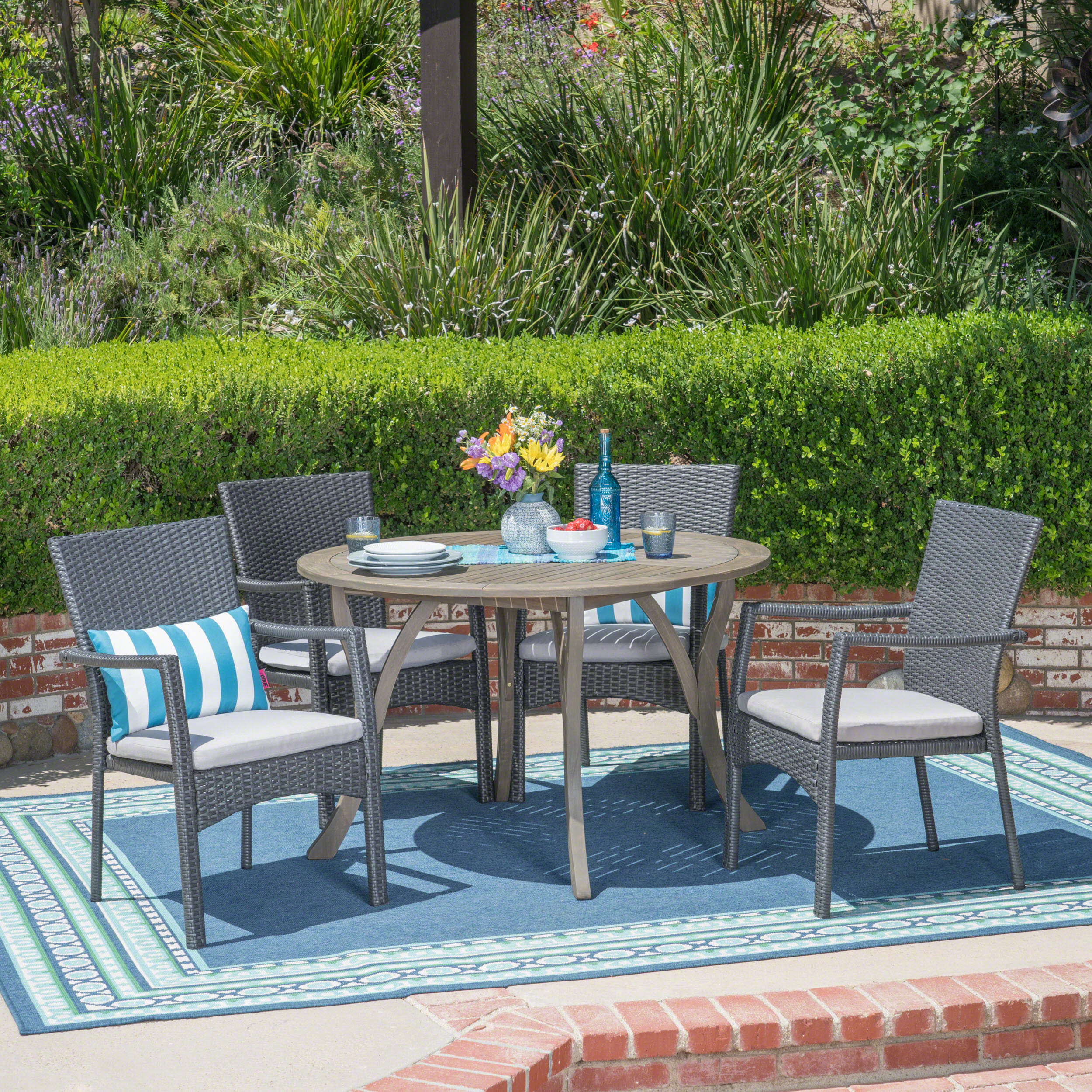 Baldry Outdoor 5 Piece Acacia Wood and Wicker Dining Set - furnishings