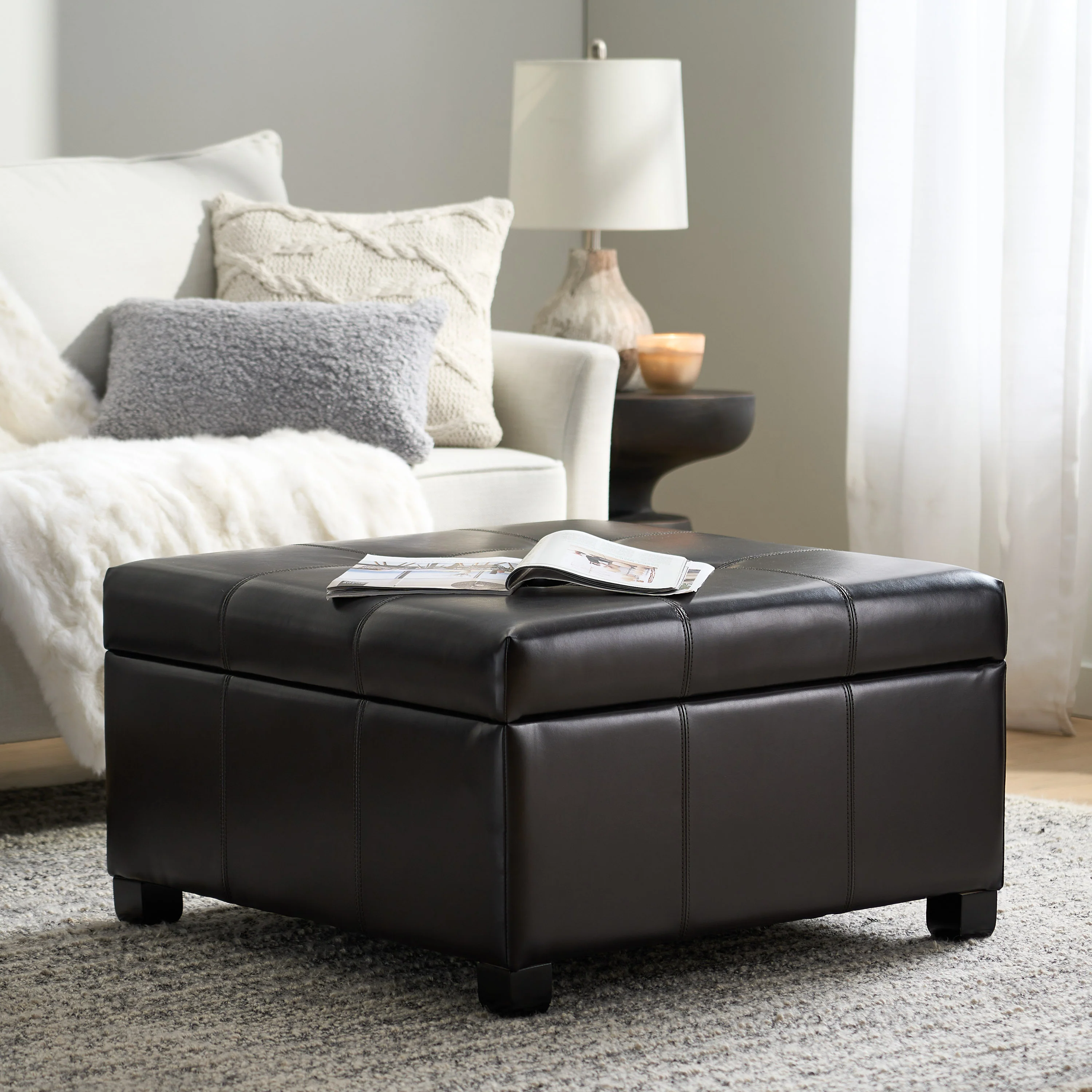 Boston Espresso Brown Tufted Leather Storage Ottoman Coffee Table - furnishings