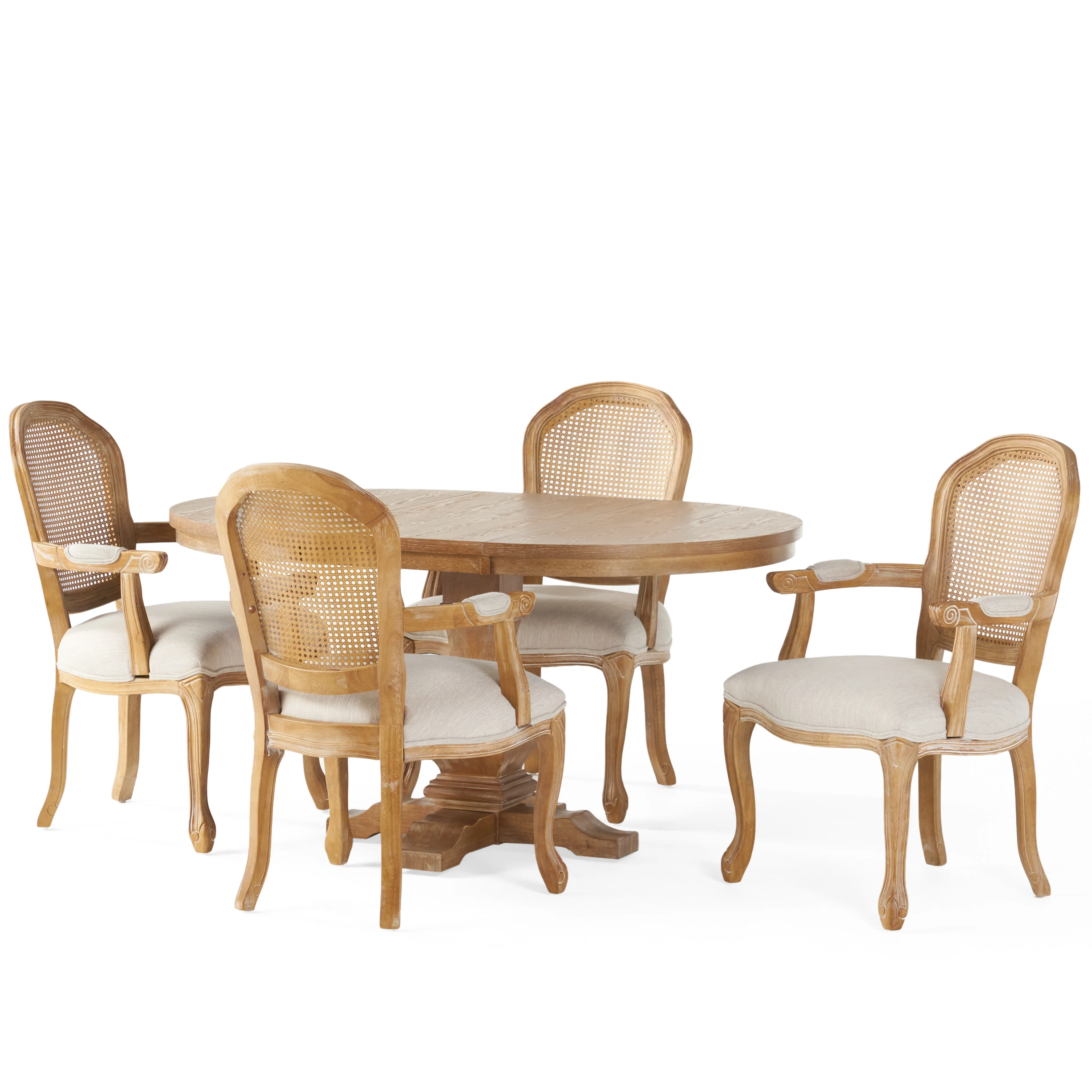 Mariette French Country Wood and Cane 5 Piece Expandable Oval Dining Set - furnishings