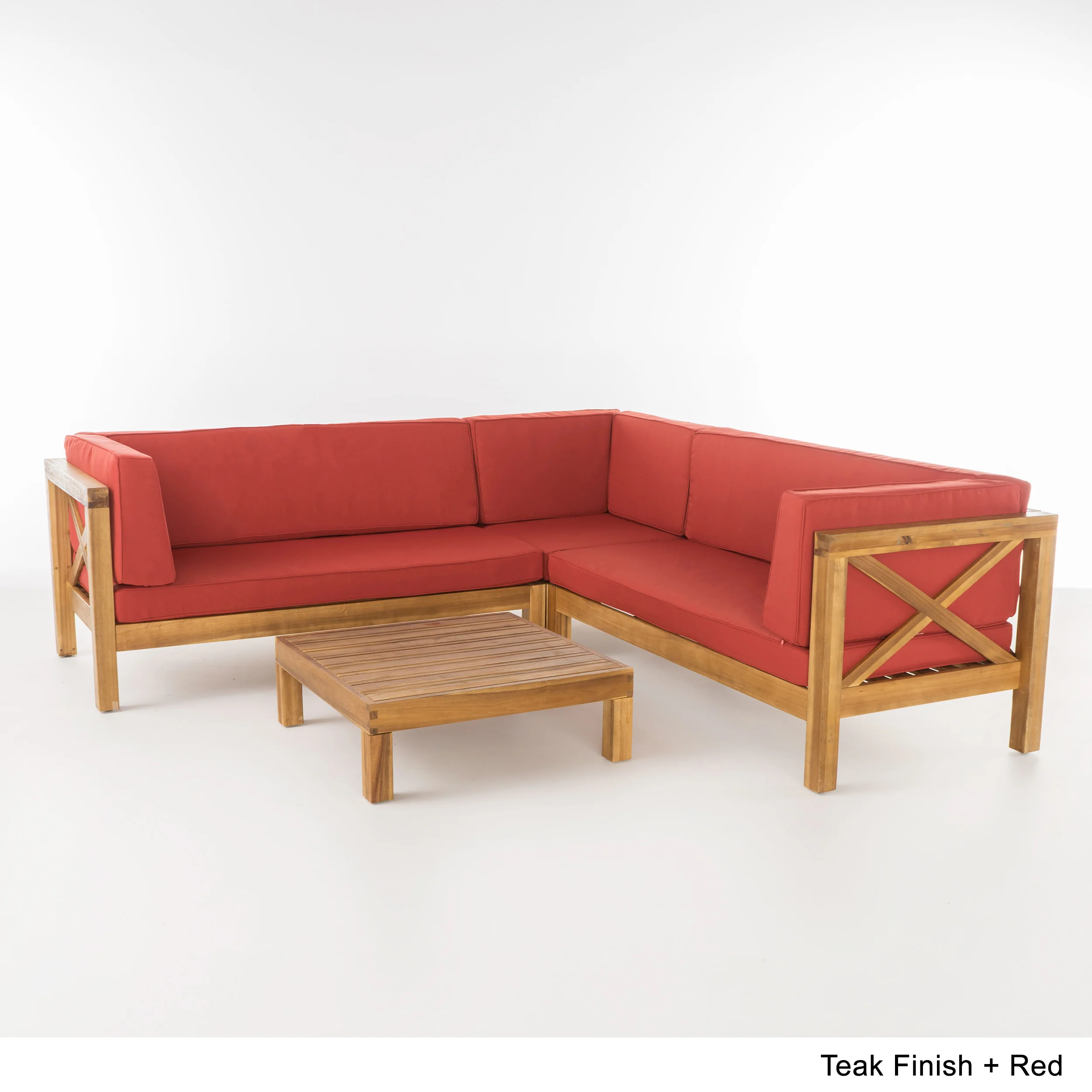 Brava Outdoor 4 Piece V-Shaped Acacia Wood Sectional Sofa and Coffee Table Set - furnishings