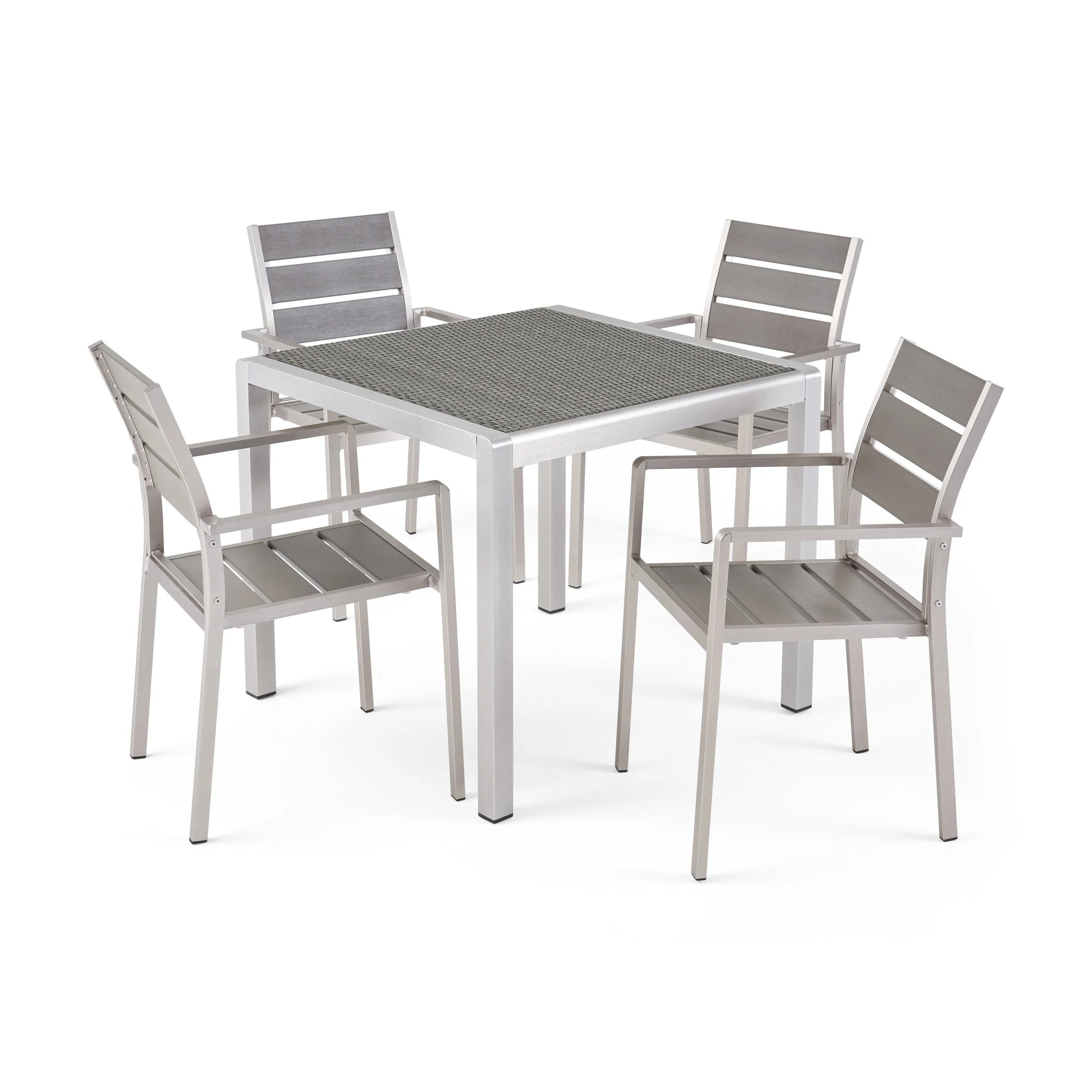 Cherie Outdoor Modern Aluminum 4 Seater Dining Set with Faux Wood Seats and Wicker Table Top - furnishings