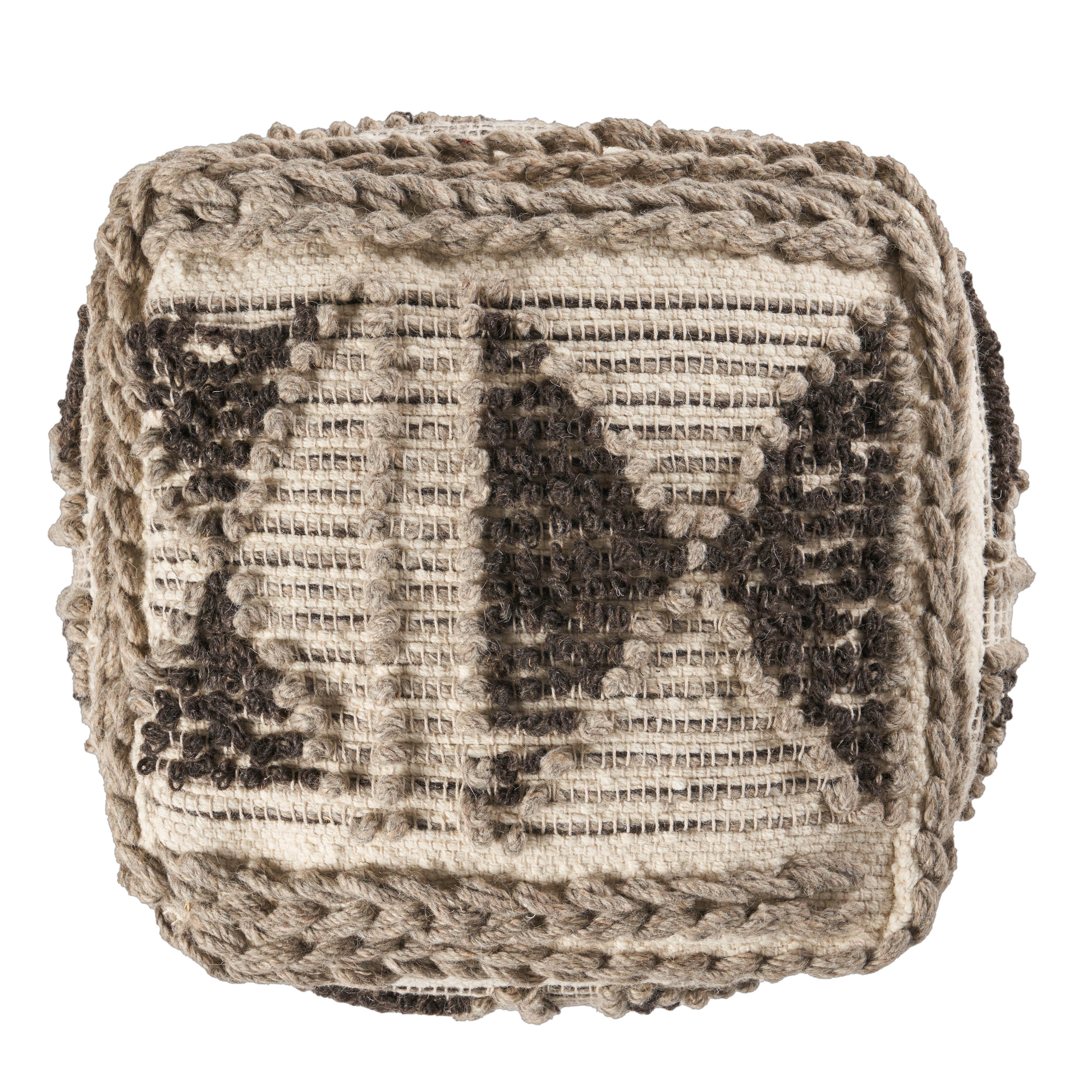 Sally Cube Pouf, Boho, Gray and Ivory Wool and Cotton - furnishings