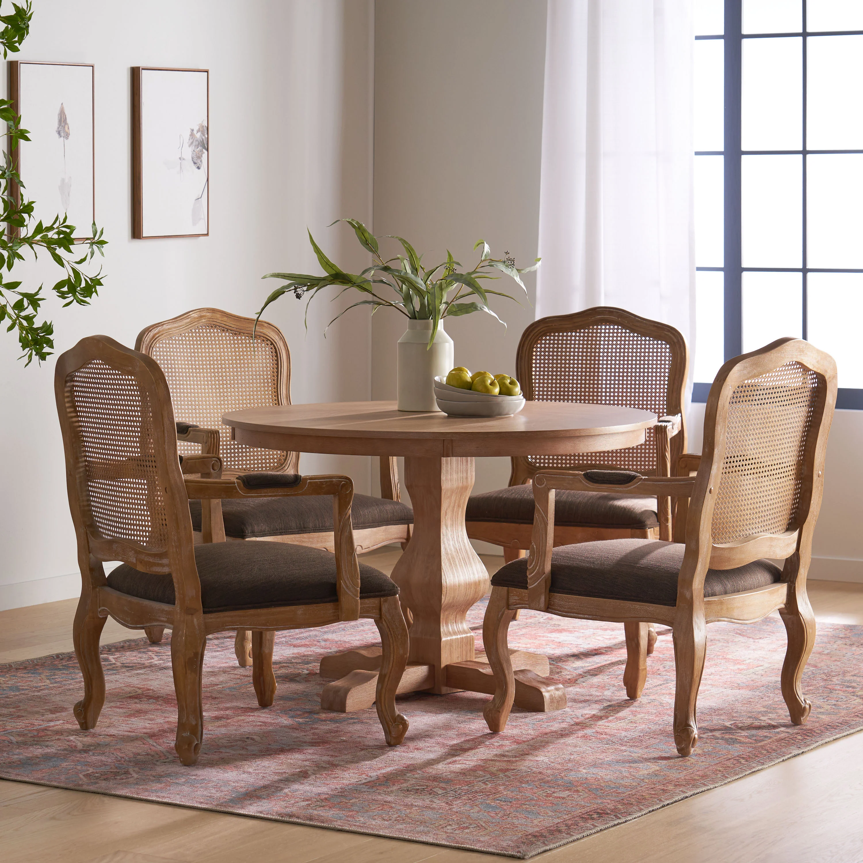 Absaroka French Country Fabric Upholstered Wood and Cane 5 Piece Circular Dining Set - furnishings