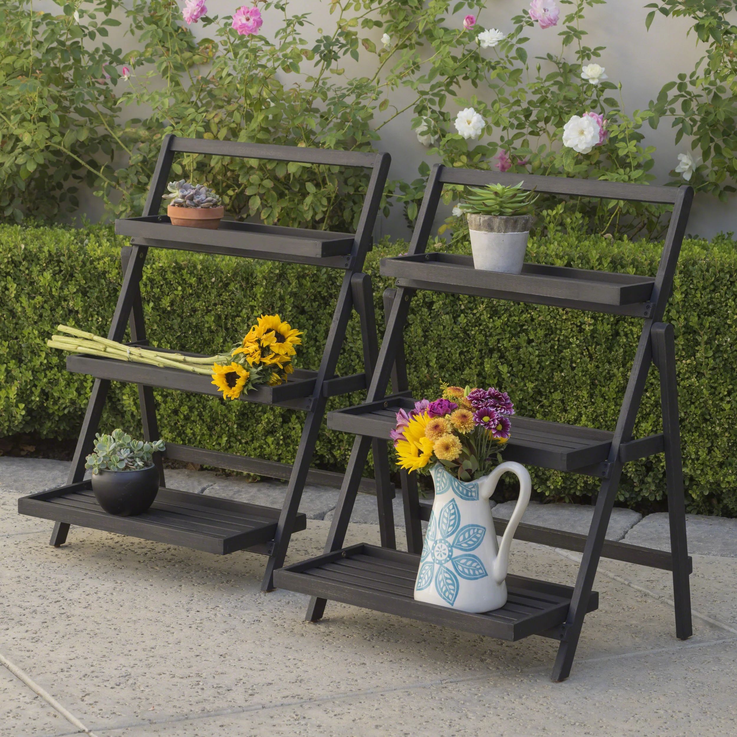 Mesbin Outdoor Dark Grey Acacia Wood Plant Stand (Set of 2) - furnishings