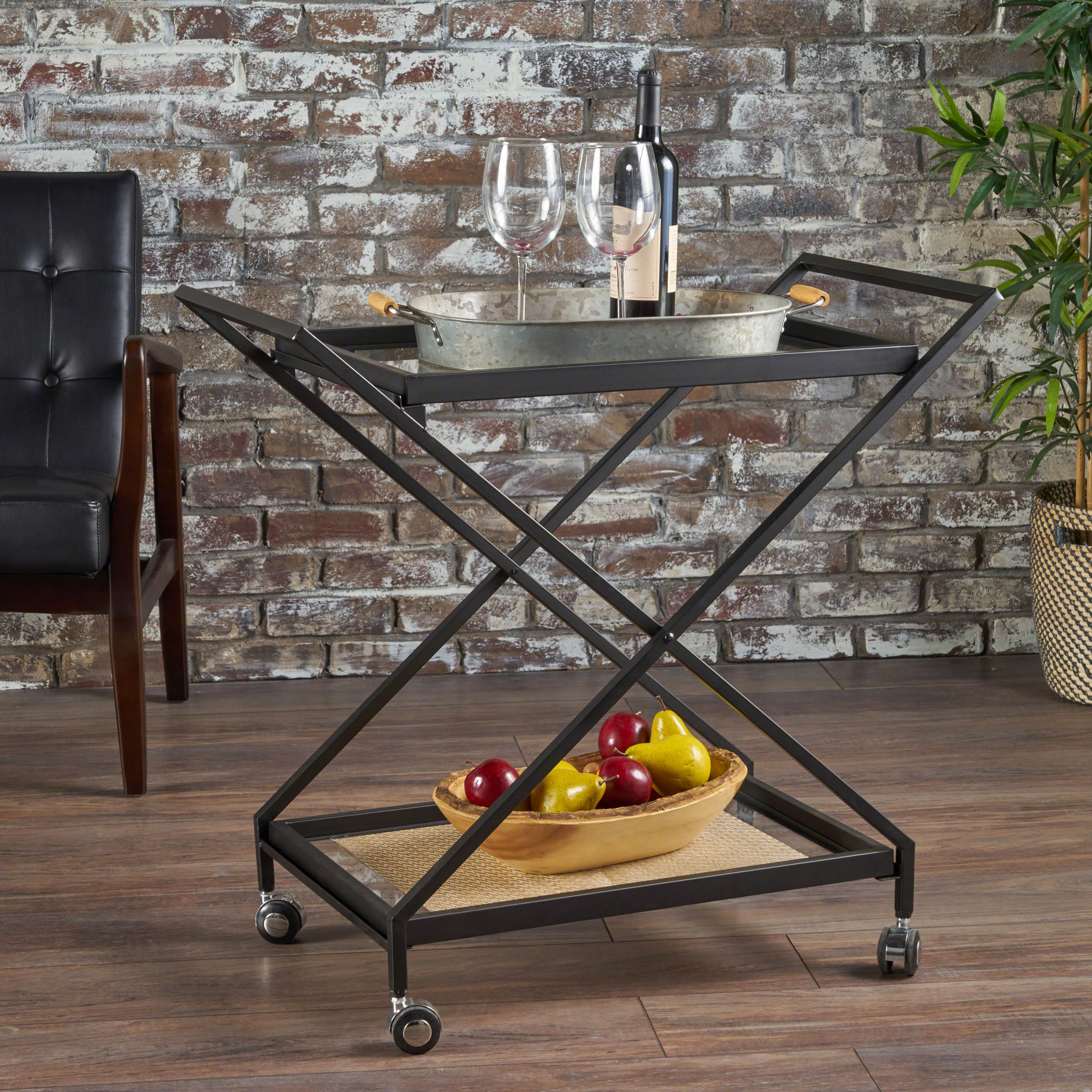 Sheri Modern Tempered Glass Black Iron Bar Cart - furnishings