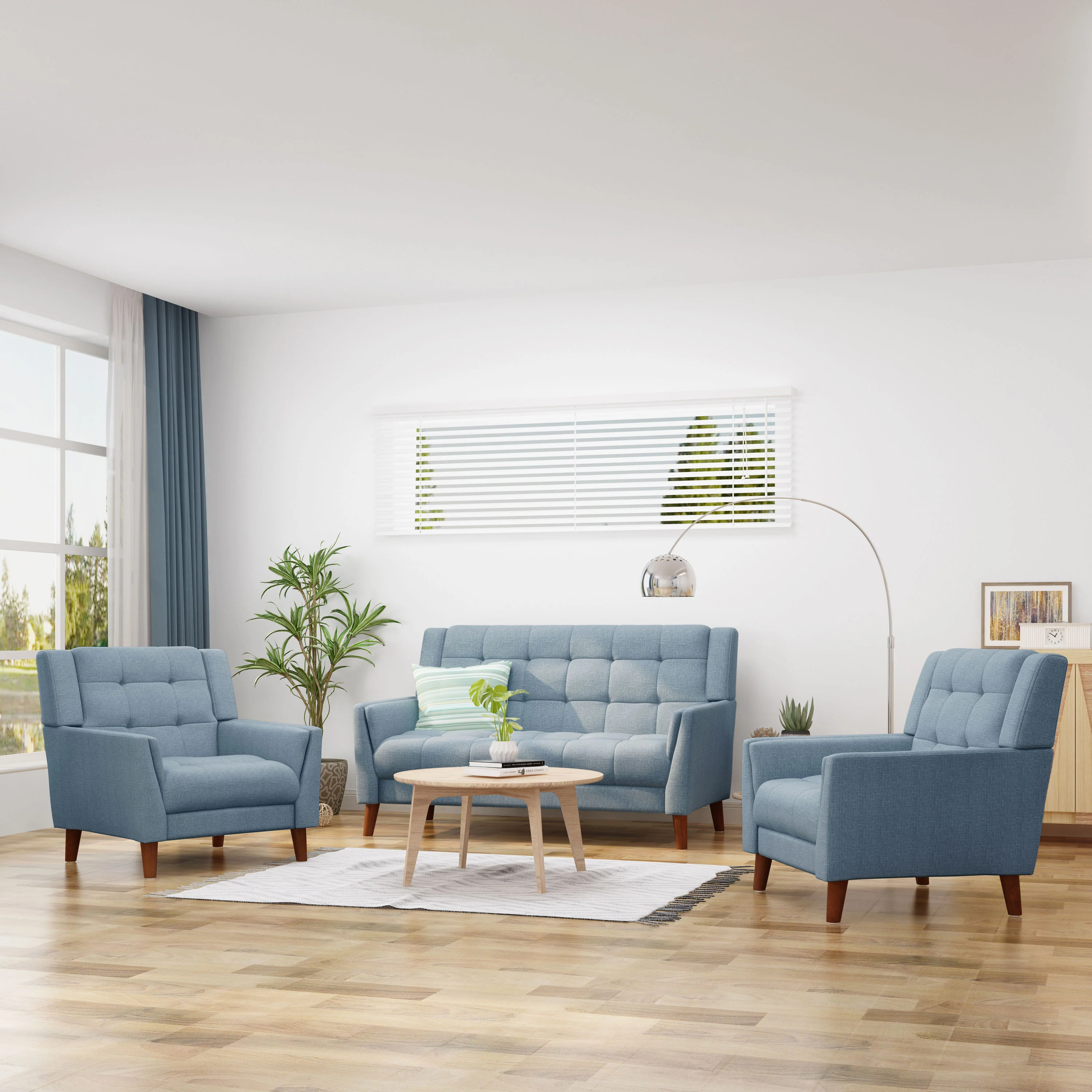 Evelyn Mid Century Modern 3-Piece Chairs & Loveseat Fabric Living Room Set - furnishings