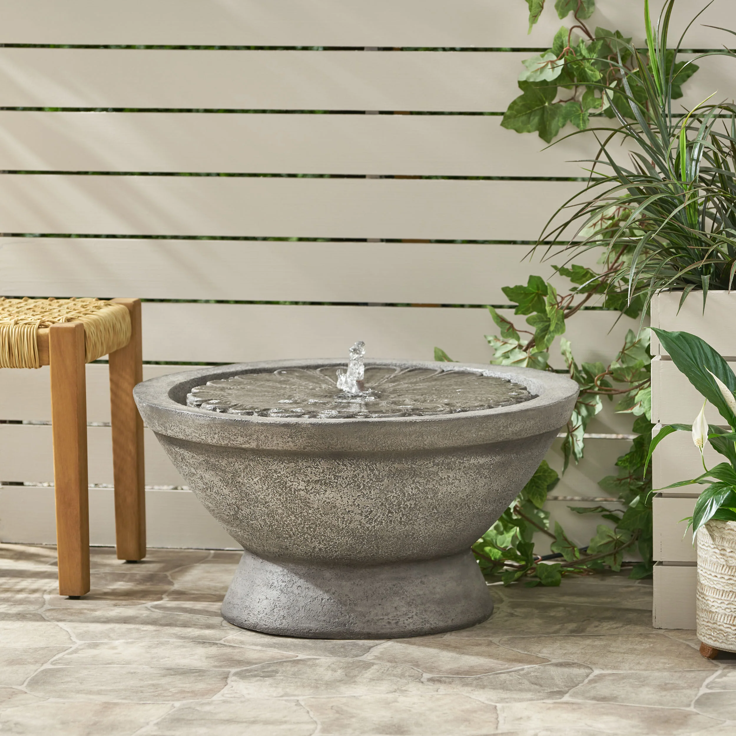 Fredell Outdoor Flower Bowl Fountain, Light Gray - furnishings
