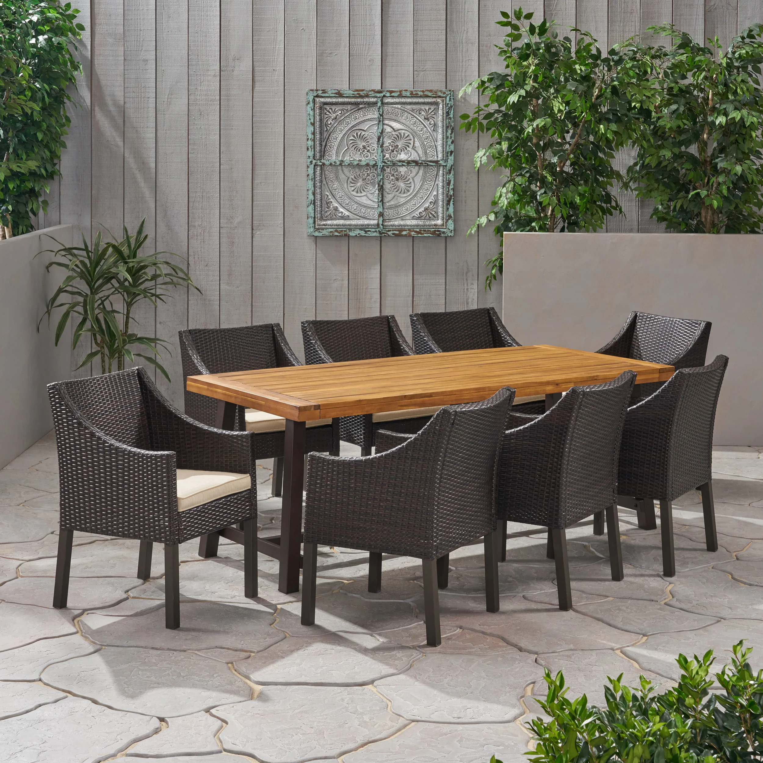 Khari Outdoor Wood and Wicker 8 Seater Dining Set - furnishings