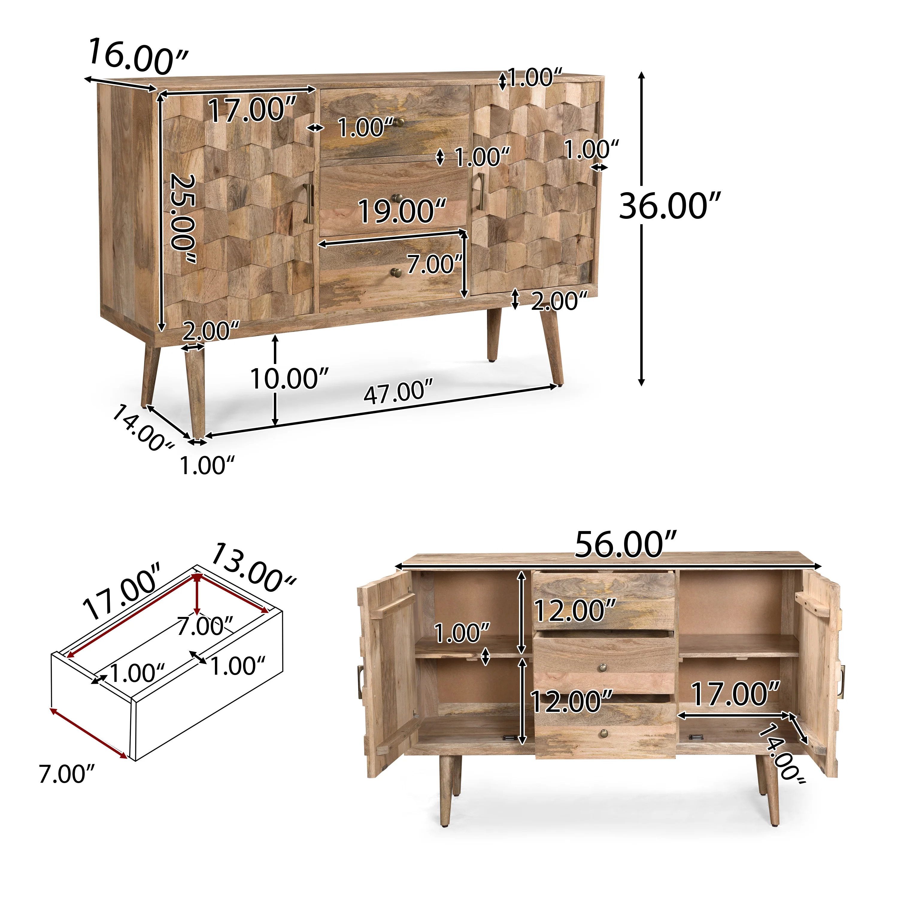 Zona Mid-Century Modern Mango Wood 3 Drawer Sideboard with 2 Doors - furnishings