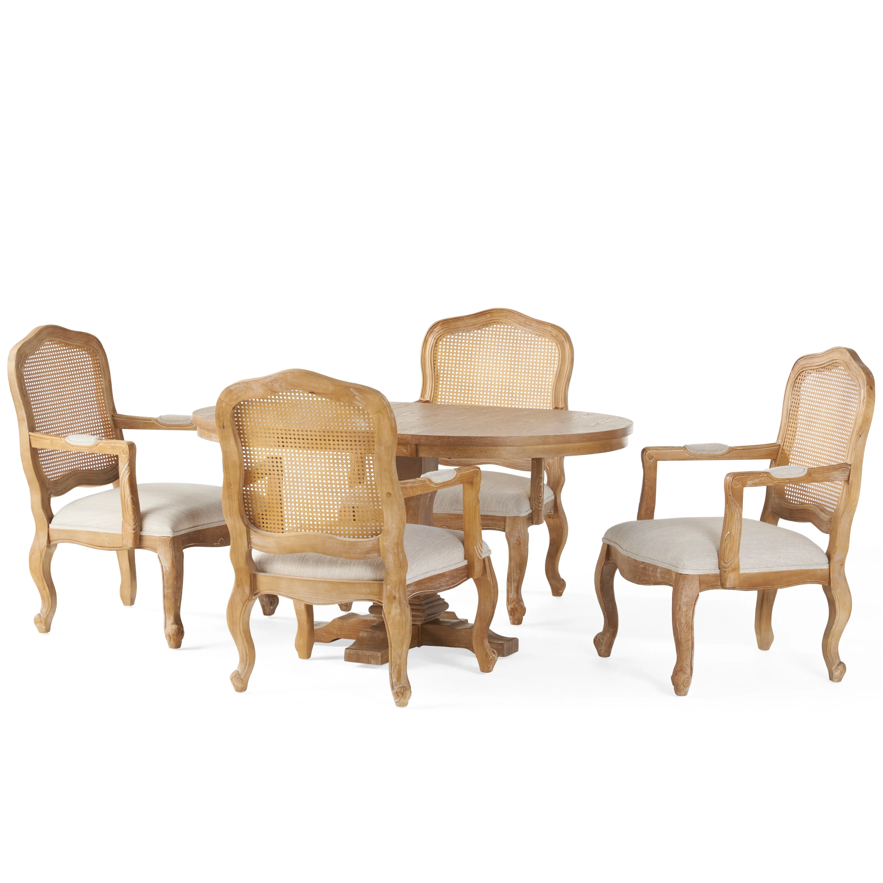 Biorn French Country Wood and Cane 5-Piece Expandable Oval Dining Set - furnishings