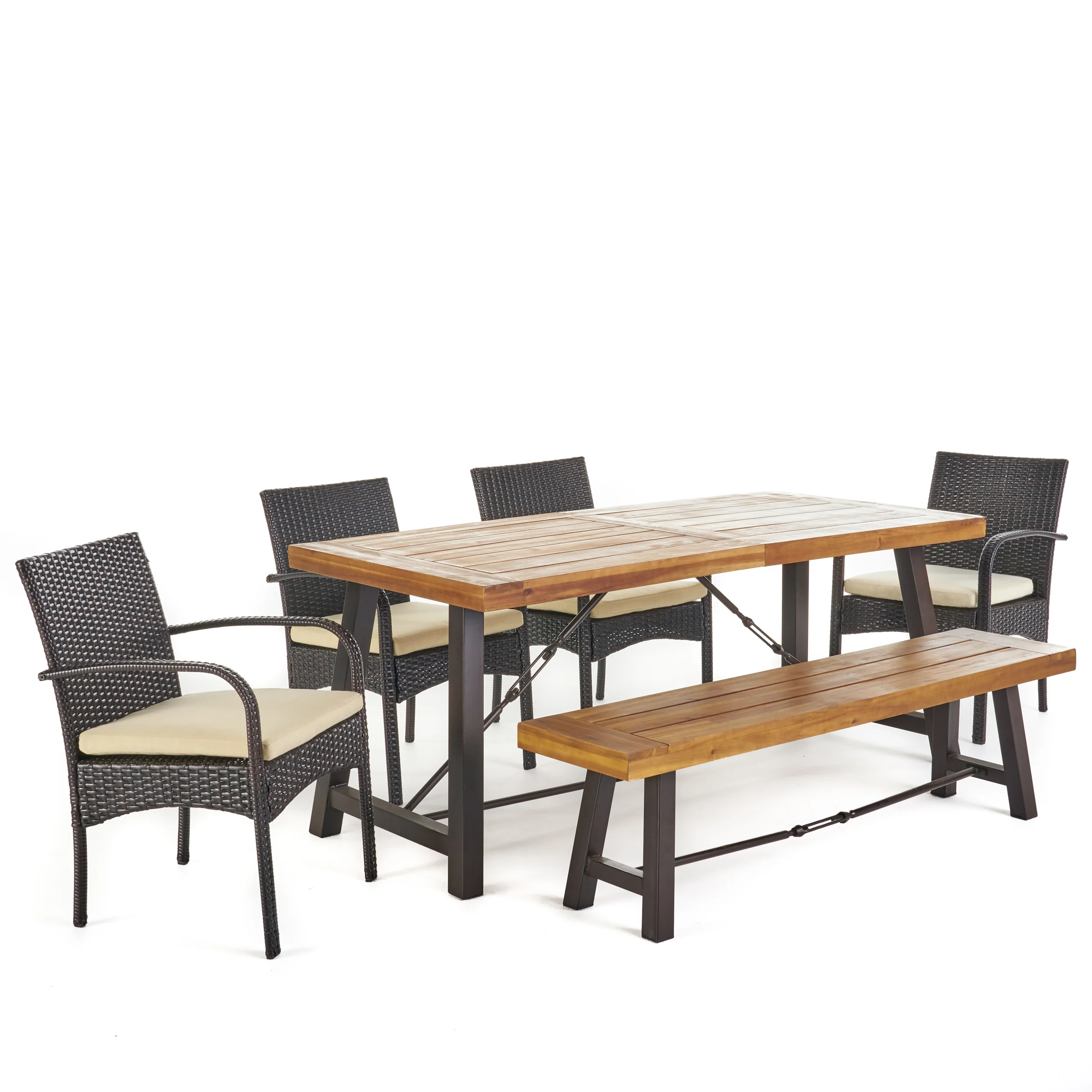 Belen Outdoor 6 Piece Teak Finished Acacia Wood Dining Set with Dining Chairs - furnishings