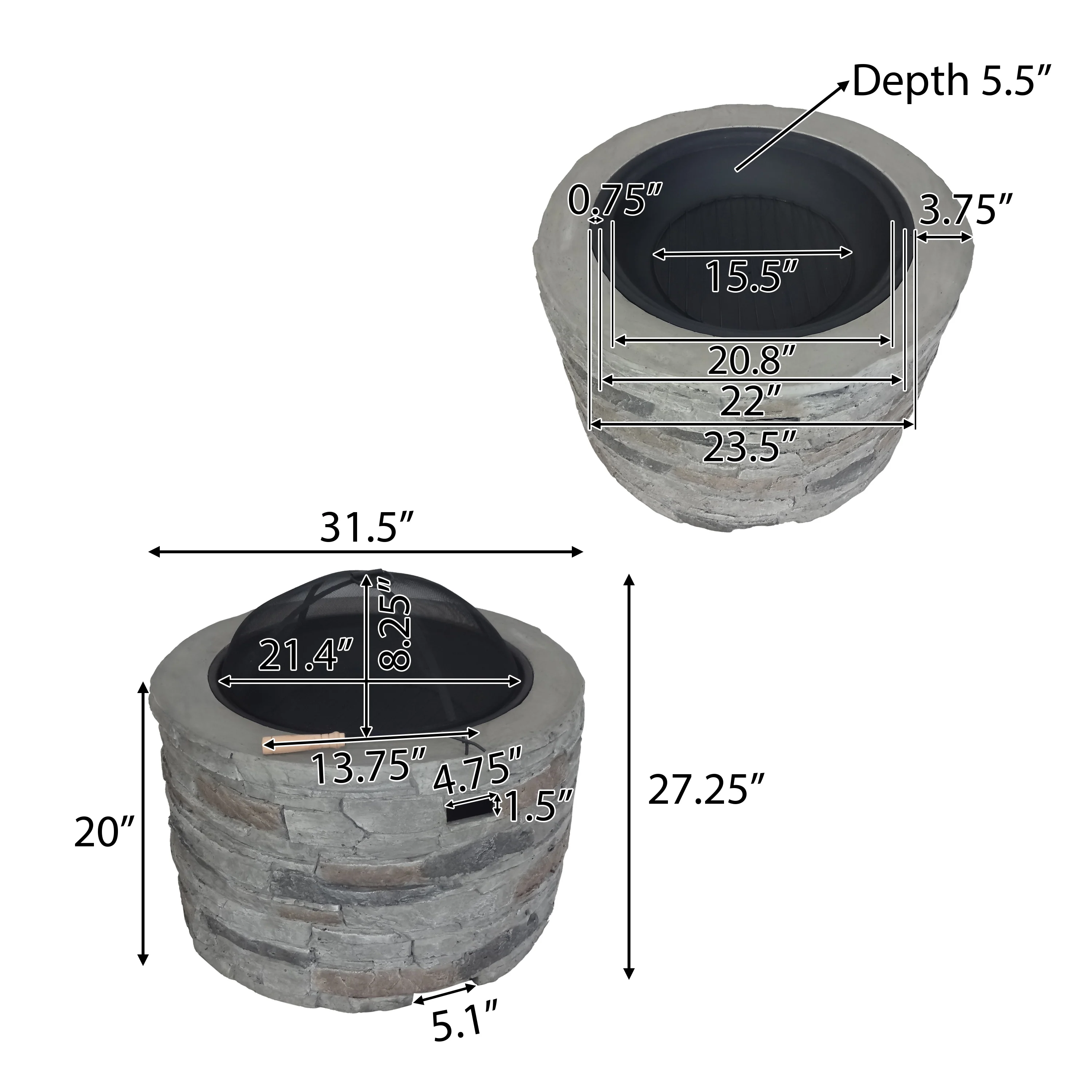 Dione Outdoor 32-inch Wood Burning Light-Weight Concrete Round Fire Pit, Grey - furnishings