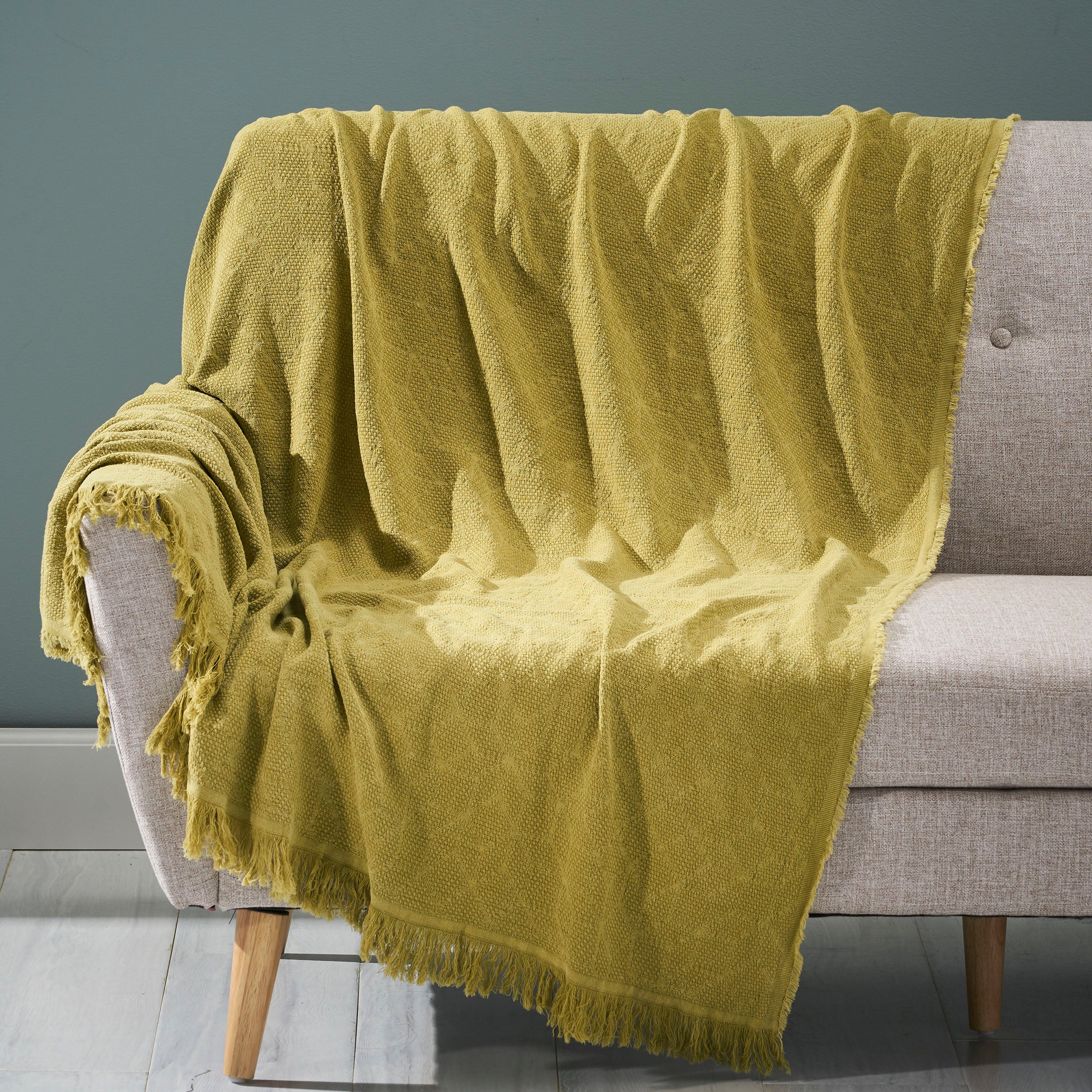 Katherine Contemporary Cotton Throw Blanket with Fringes, Olive - furnishings