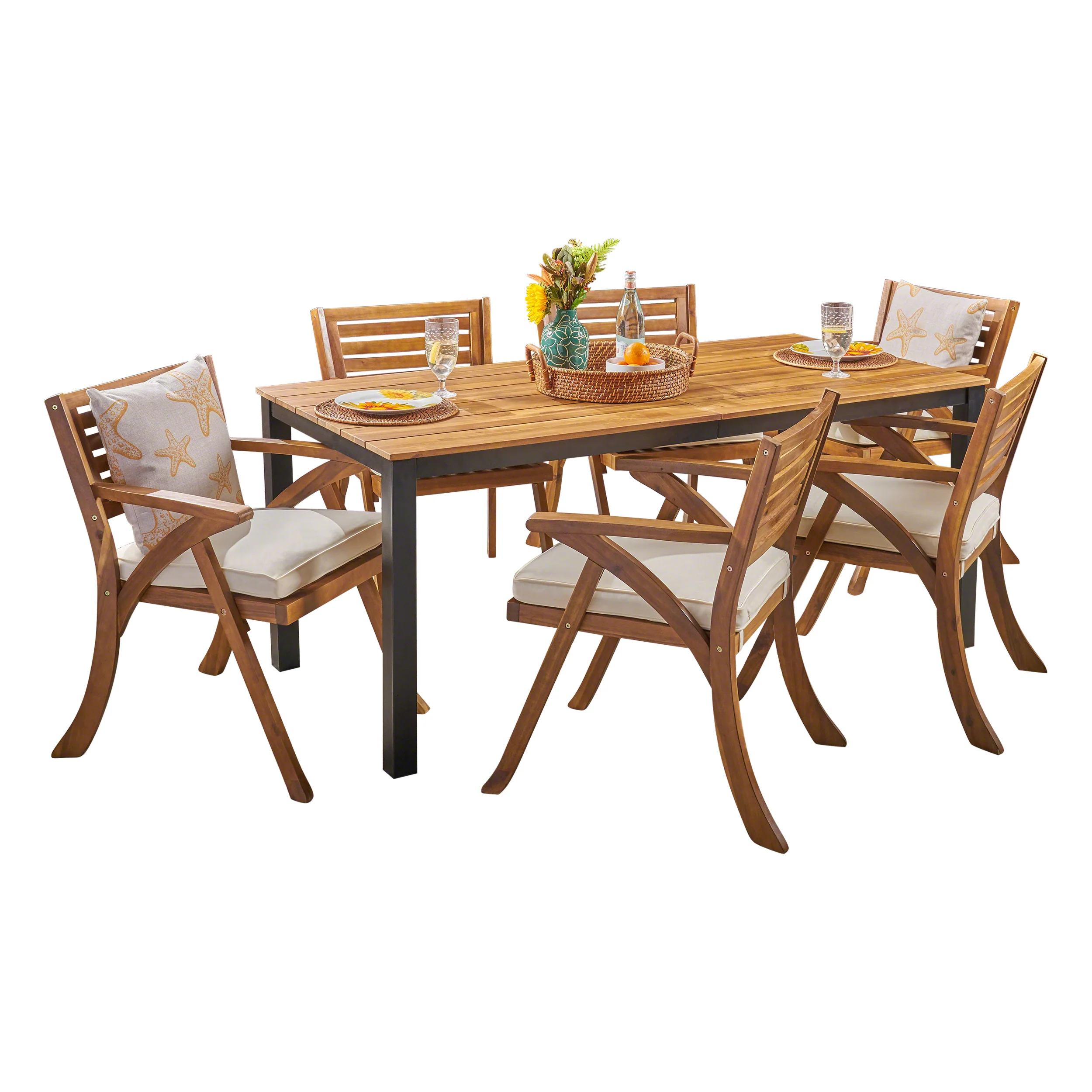 Nora Outdoor 7 Piece Acacia Wood Dining Set, Teak and Cream - furnishings