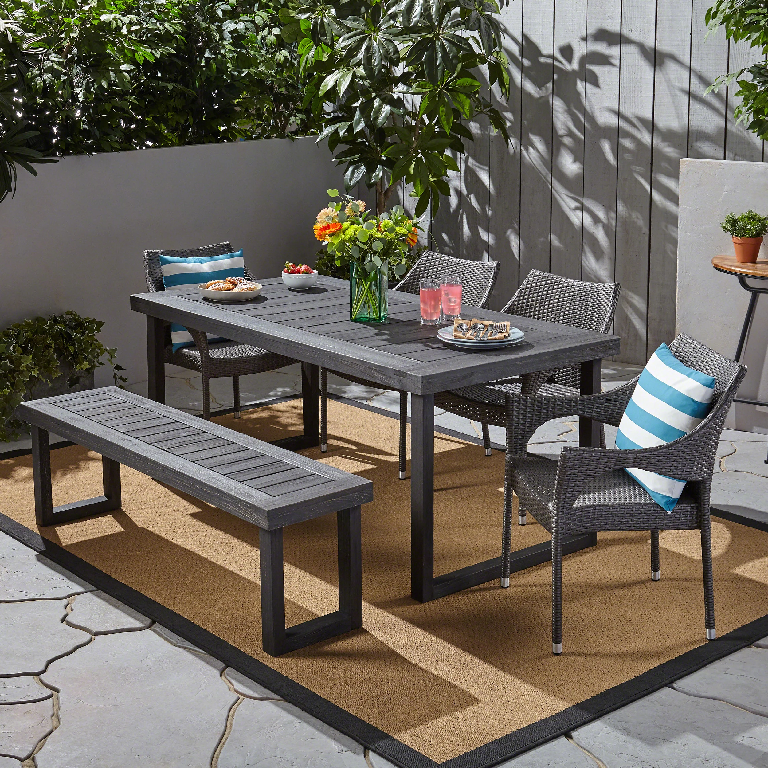 Cason Outdoor 6-Seater Wood and Wicker Chair and Bench Dining Set - furnishings