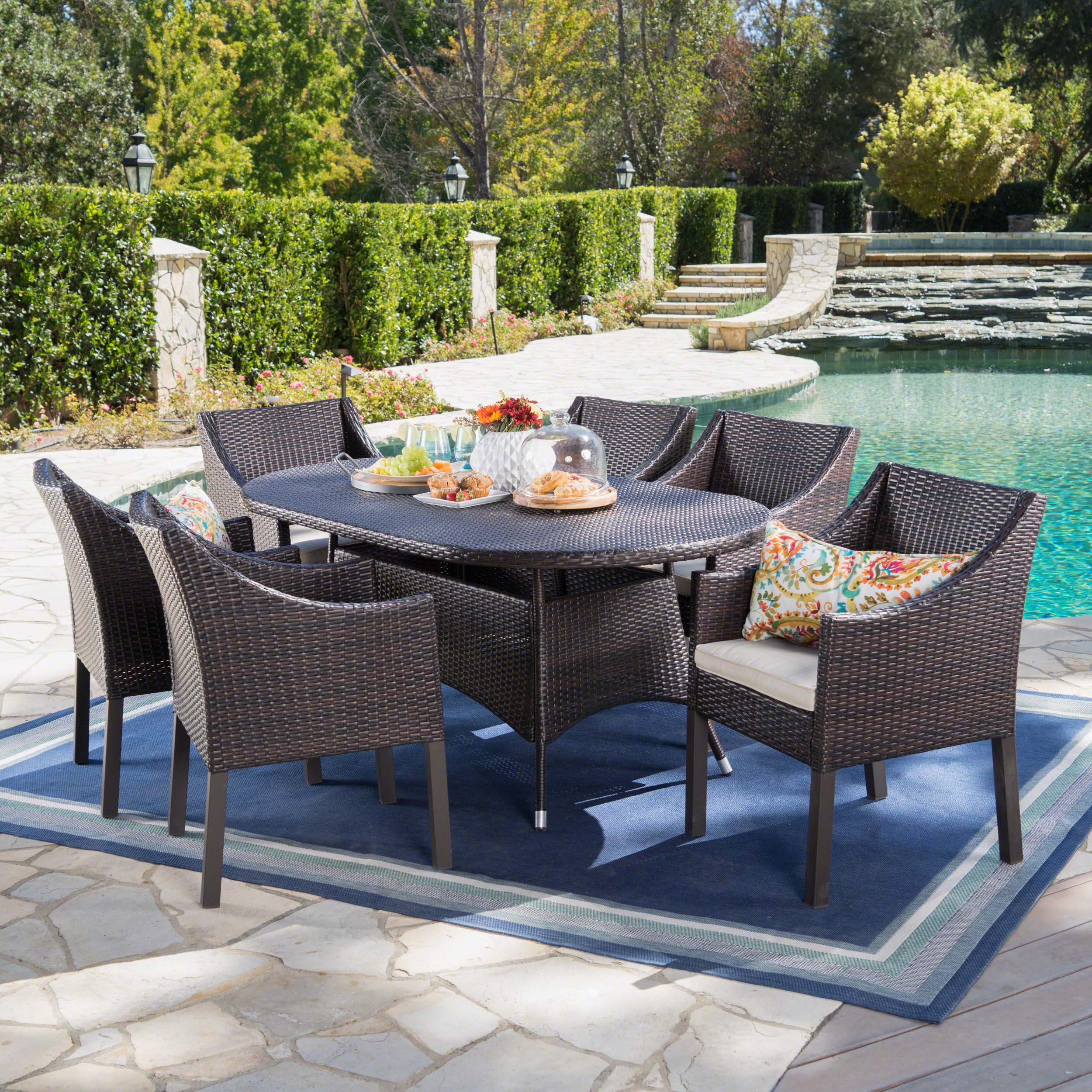 Frances Outdoor 7 Piece Wicker Oval Dining Set with Water Resistant Cushions - furnishings