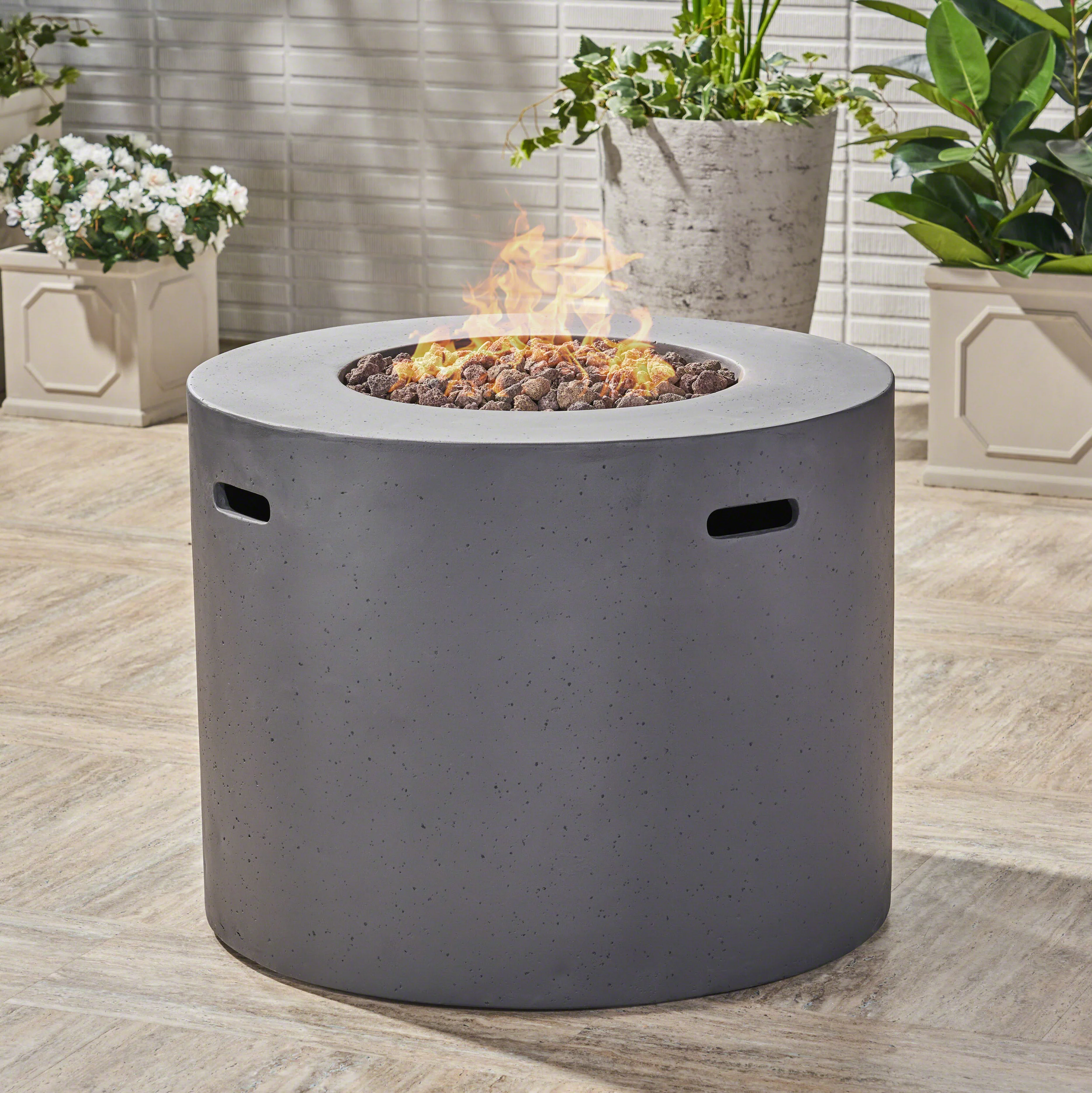 Leo Outdoor 31-inch Round Light Weight Concrete Gas Burning Fire Pit - furnishings