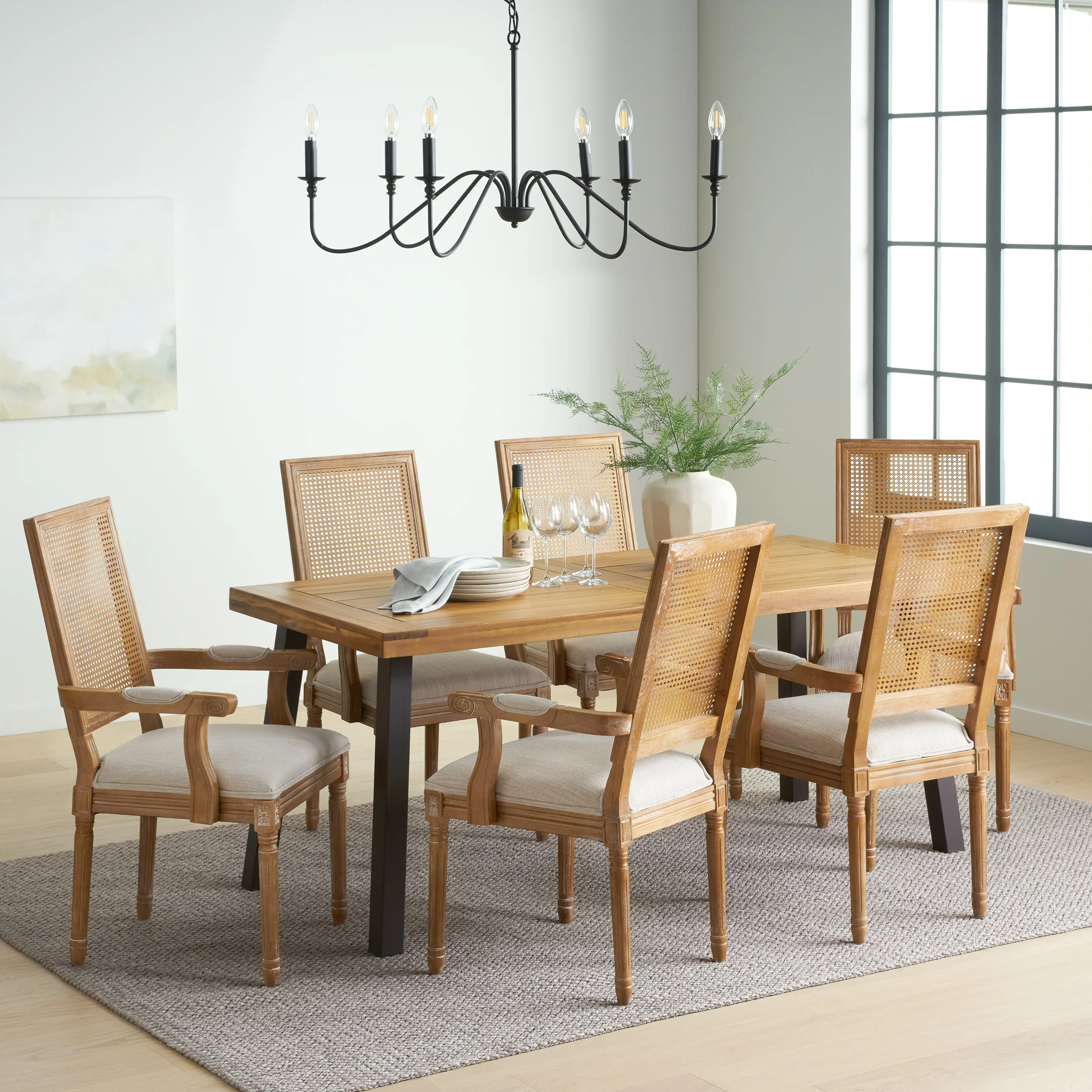 Marten Farmhouse Fabric Upholstered Wood and Cane 7 Piece Dining Set - furnishings