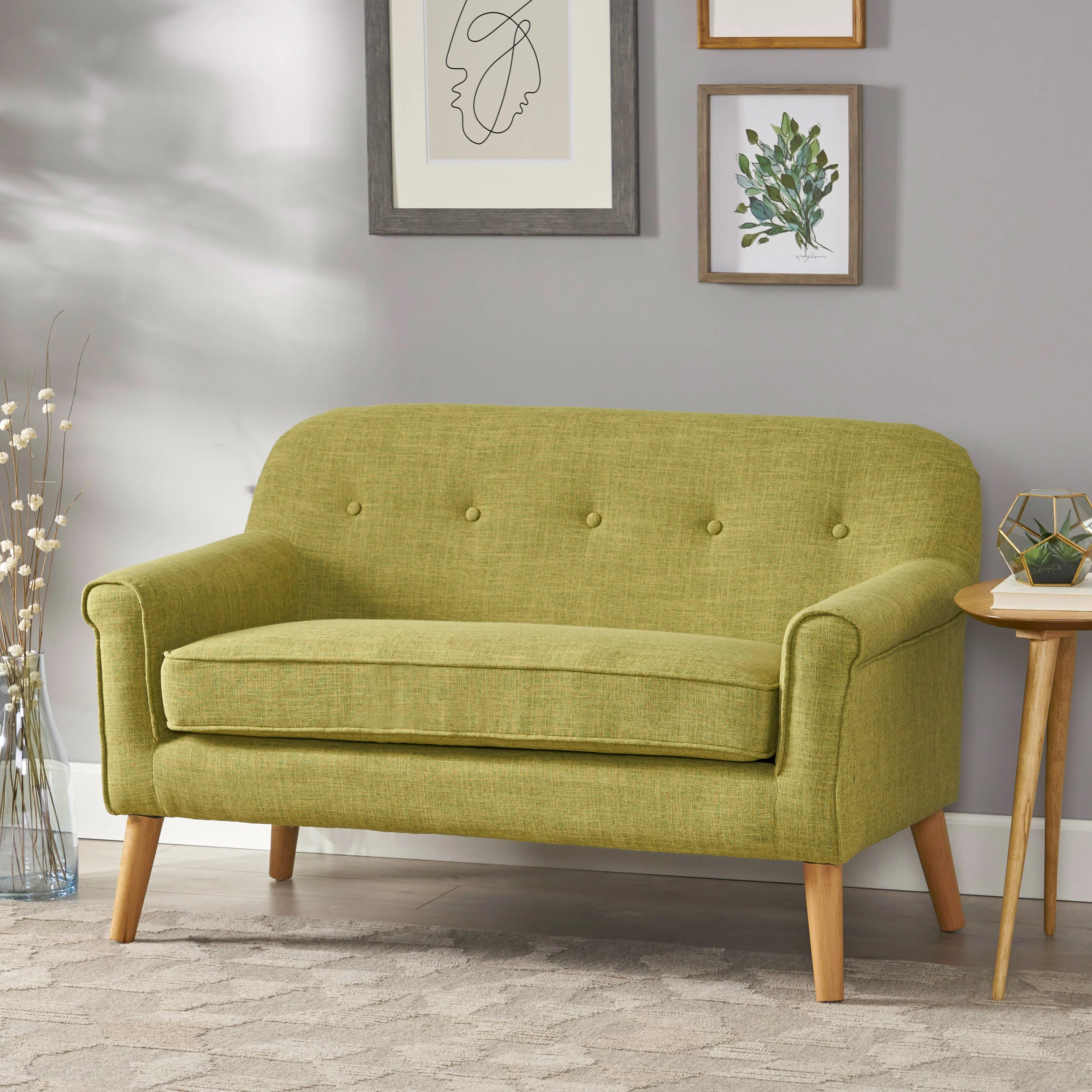Mia Mid-Century Modern Button Tufted Fabric Upholstered Loveseat w/ Tapered Legs - furnishings