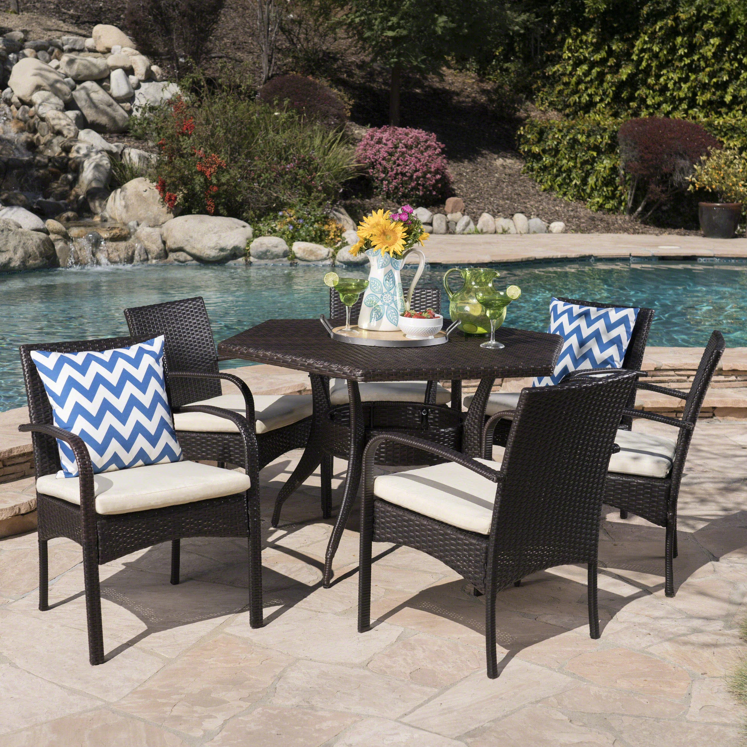 Jasmine Outdoor 7 Piece Wicker Hexagon Dining Set with Water Resistant Chairs - furnishings
