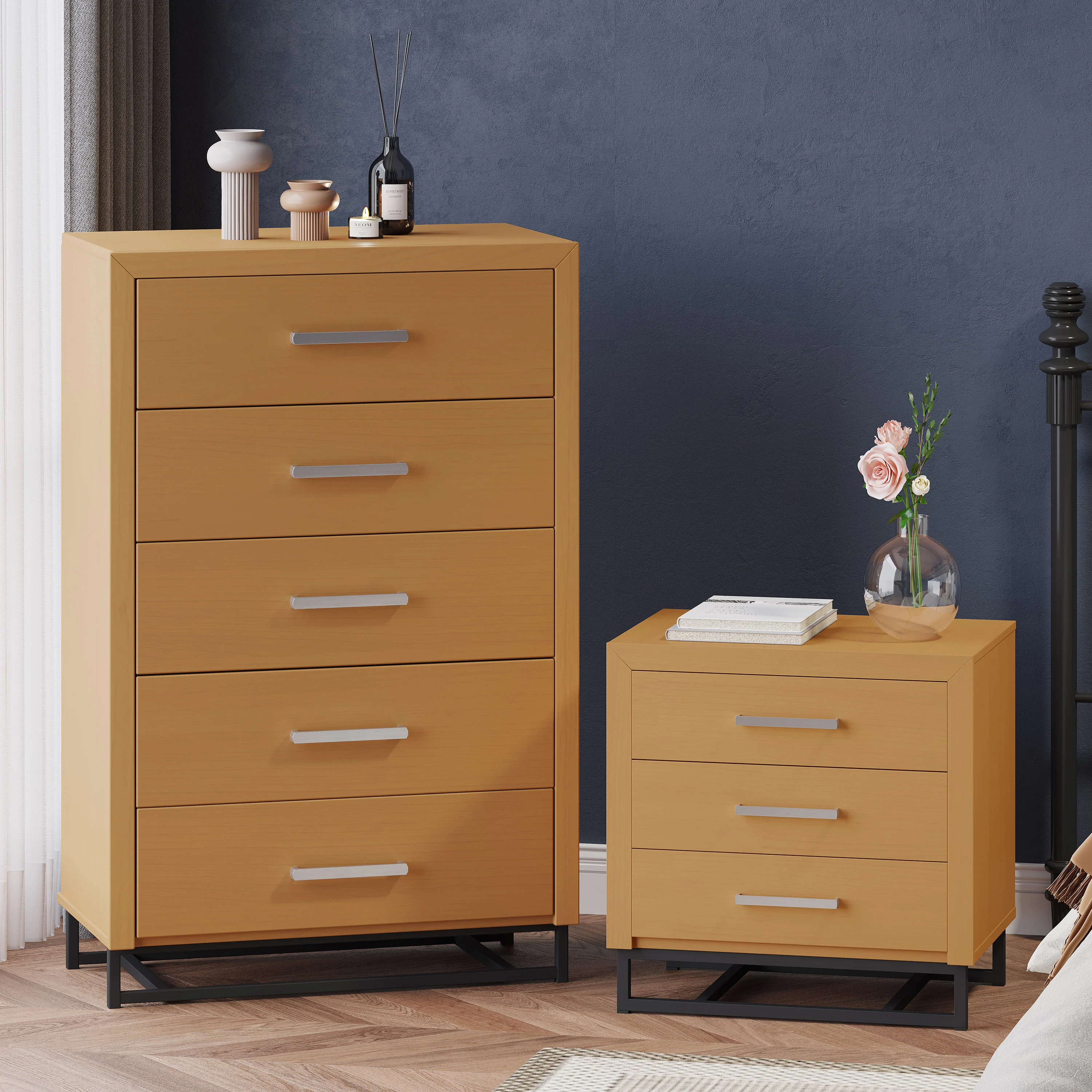 Borah Contemporary Faux Wood 2 Piece 5 Drawer Dresser and Nightstand Bedroom Set - furnishings