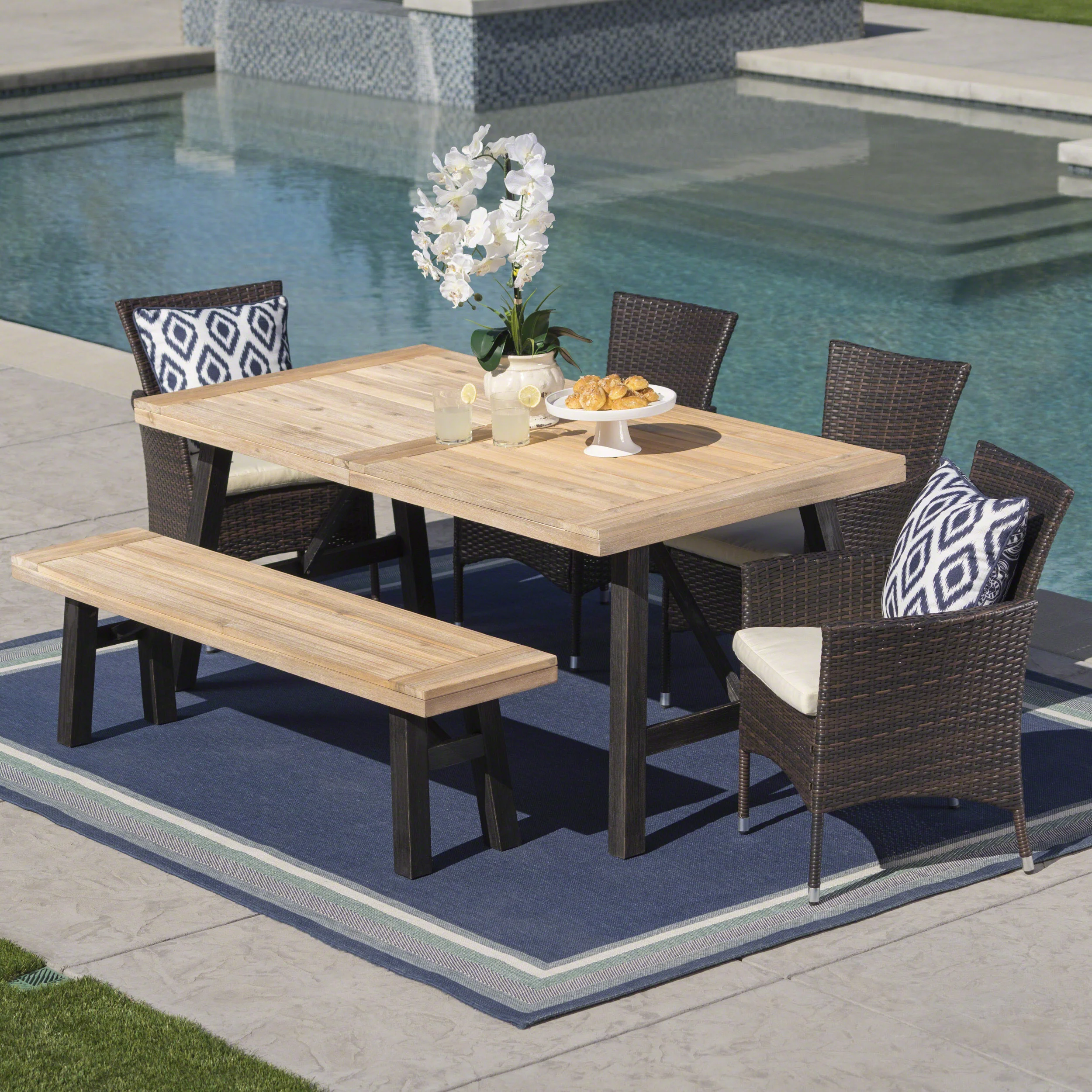 Jacks Outdoor 6 Piece Acacia Wood Dining Set with Wicker Dining Chairs - furnishings