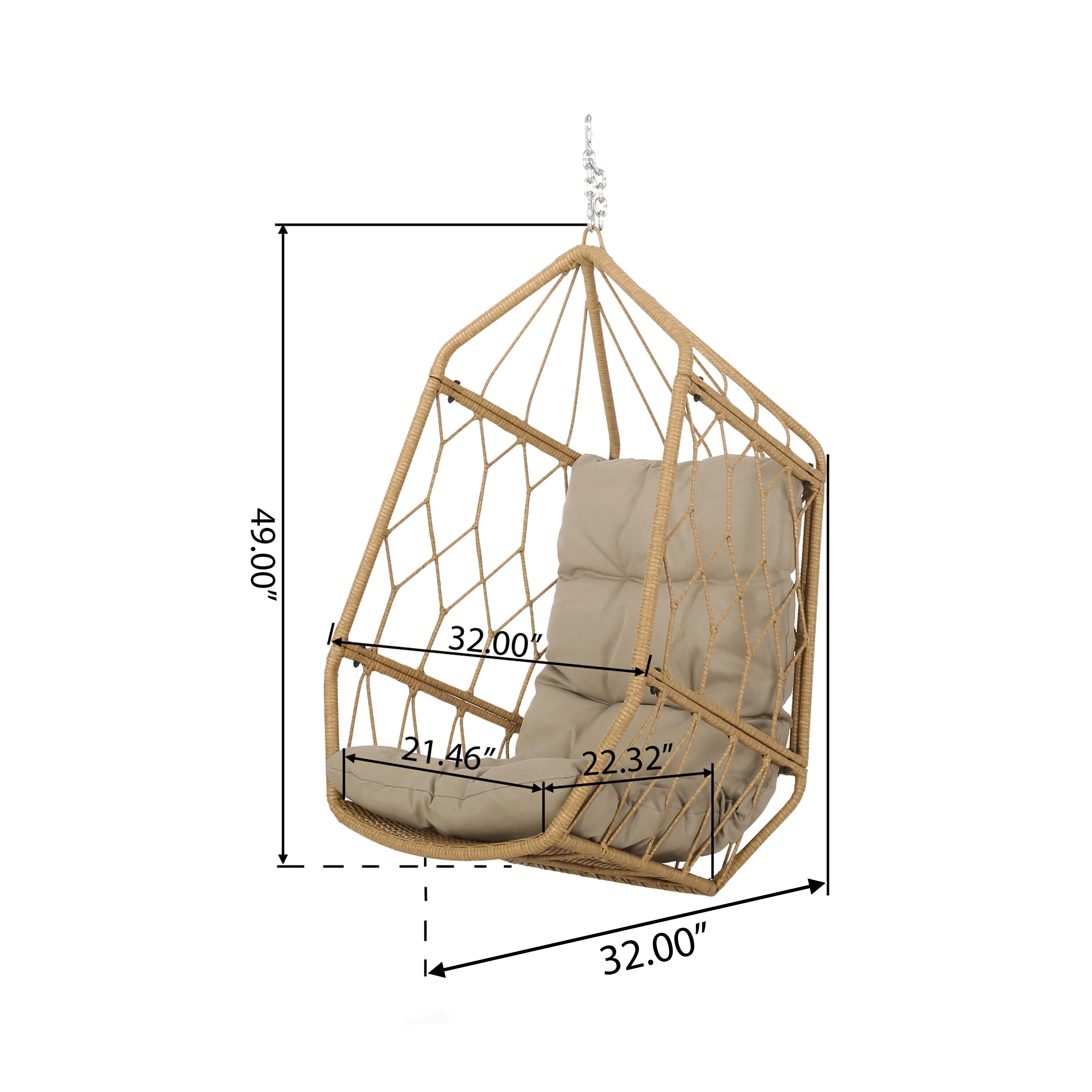 Jewell Outdoor Wicker Hanging Basket Chair with Cushions, Light Brown, Tan - furnishings