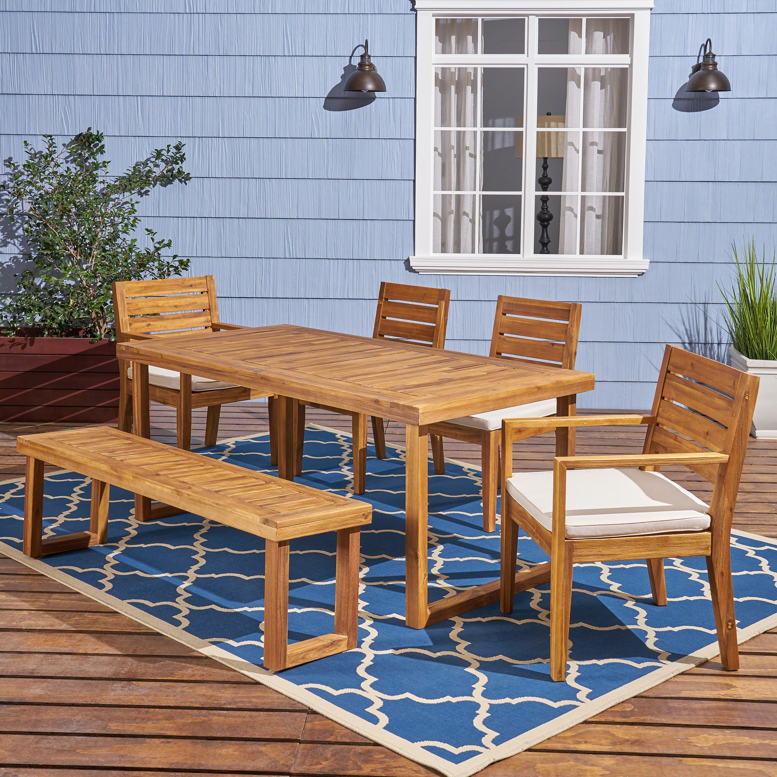 Eric Outdoor 6-Seater Acacia Wood Dining Set with Bench - furnishings