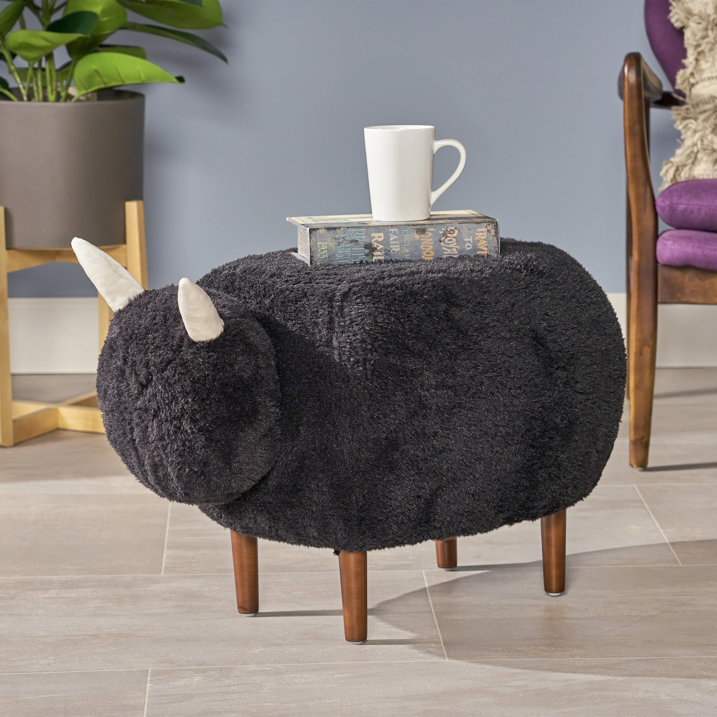 Brebis Furry Sheep Ottoman, Black - furnishings