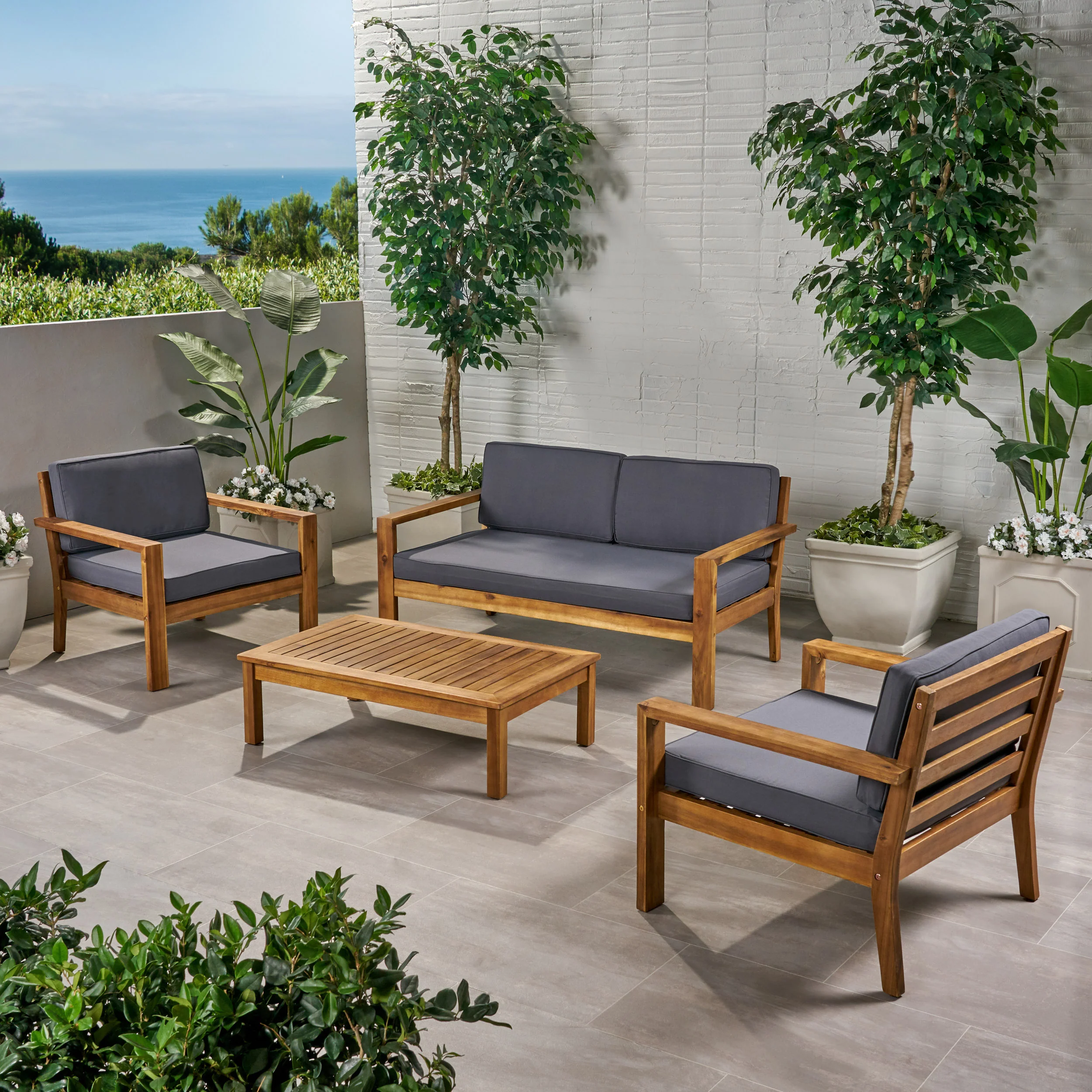 Gloria Outdoor 4 Seater Acacia Wood Chat Set with Cushions - furnishings