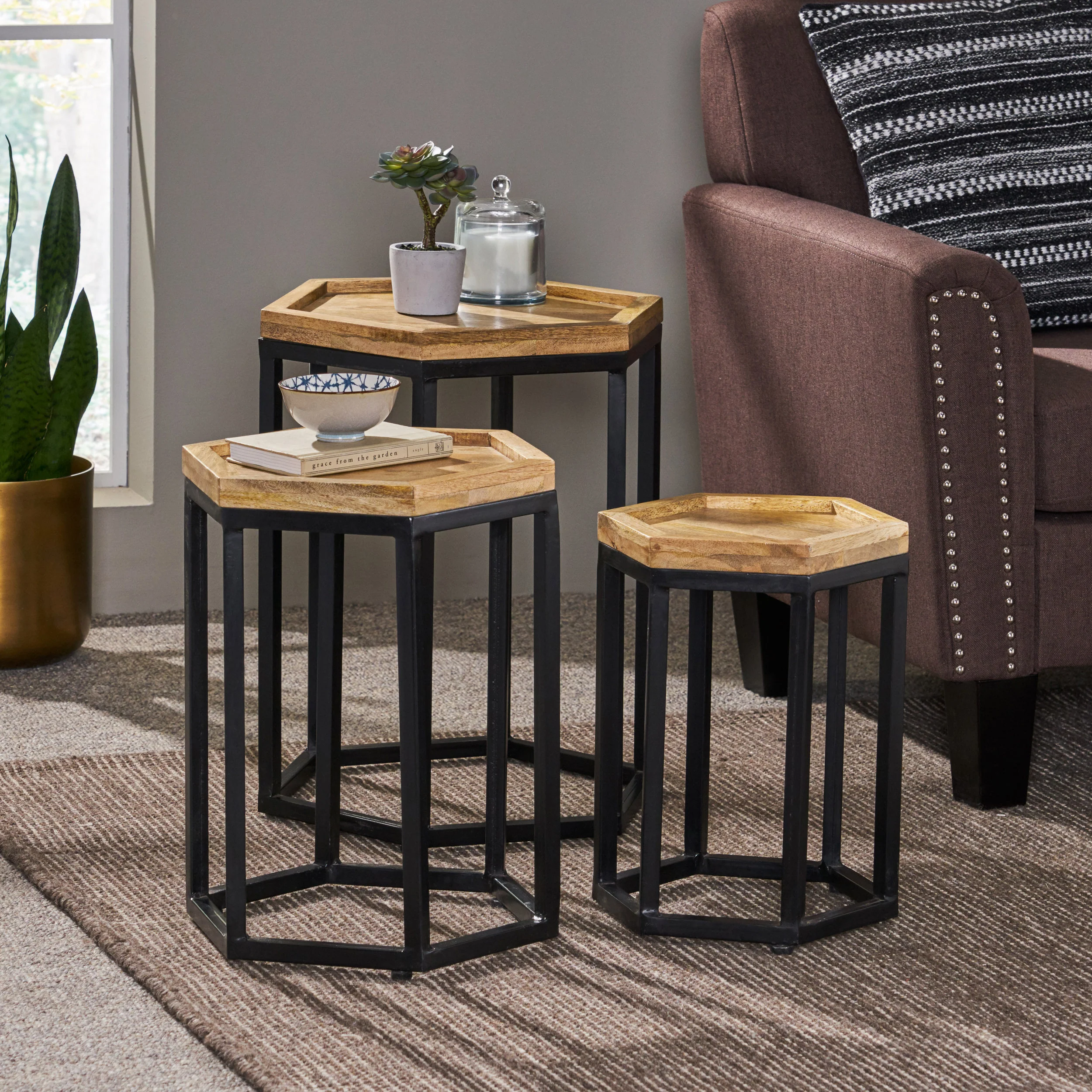 Yantic Modern Industrial Handcrafted Mango Wood Nested Side Tables (Set of 3), Natural and Black - furnishings