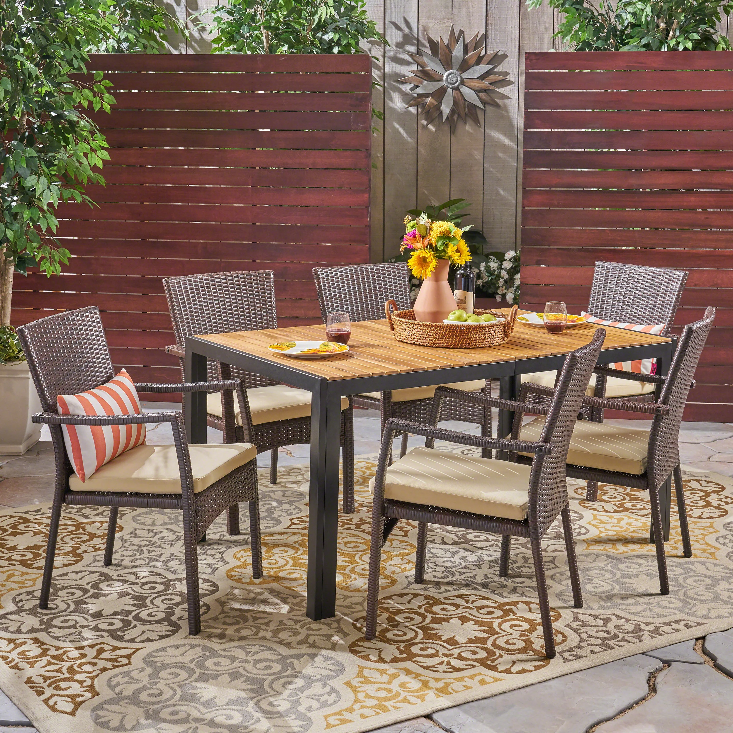 Faithe Outdoor 6-Seater Rectangular Acacia Wood and Wicker Dining Set, Teak with Black and Brown with Cream - furnishings