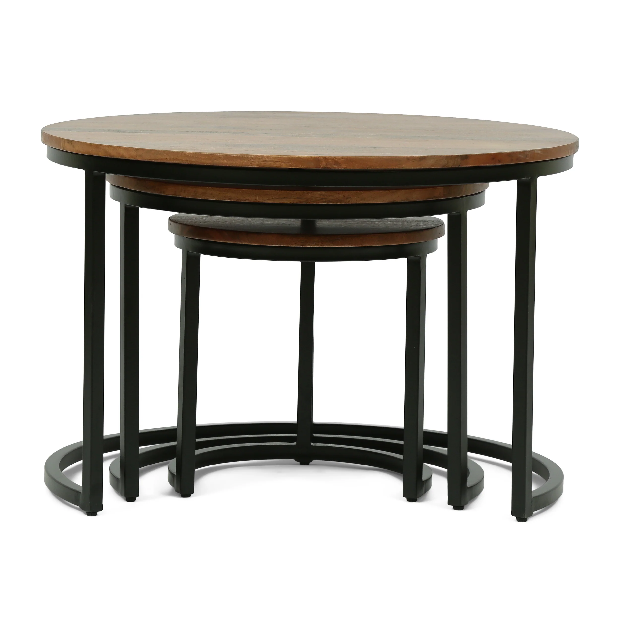 Tignall Modern Industrial Handcrafted Mango Wood Nested Tables (Set of 3), Honey Brown and Black - furnishings