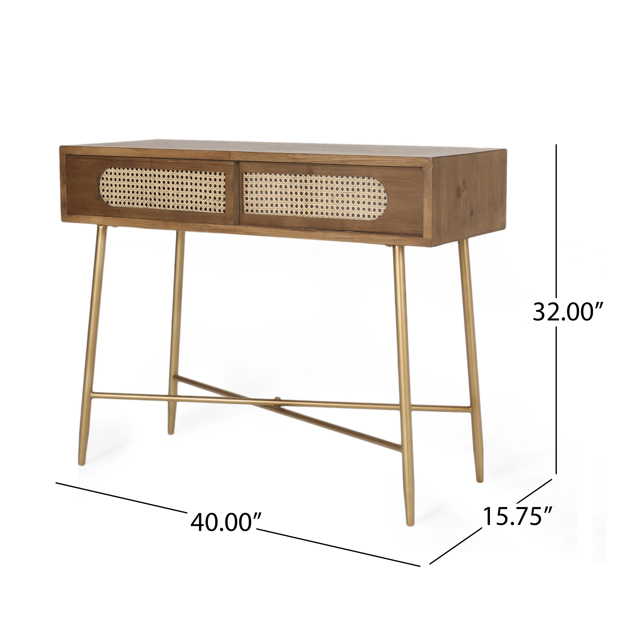 Alzada Rustic Glam Console Table with Wicker Accents, Walnut, Natural, and Antique Gold - furnishings
