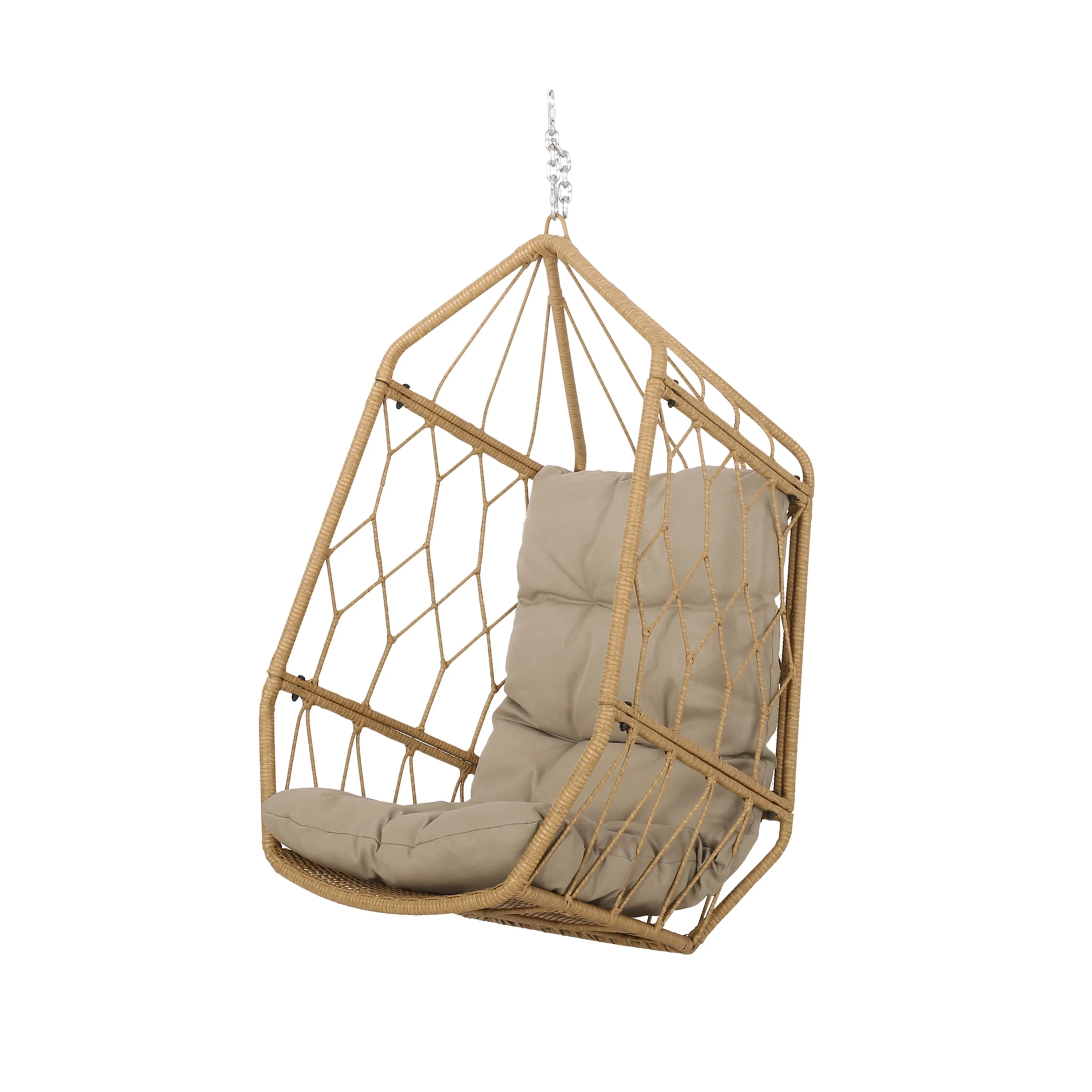 Jewell Outdoor Wicker Hanging Basket Chair with Cushions, Light Brown, Tan - furnishings