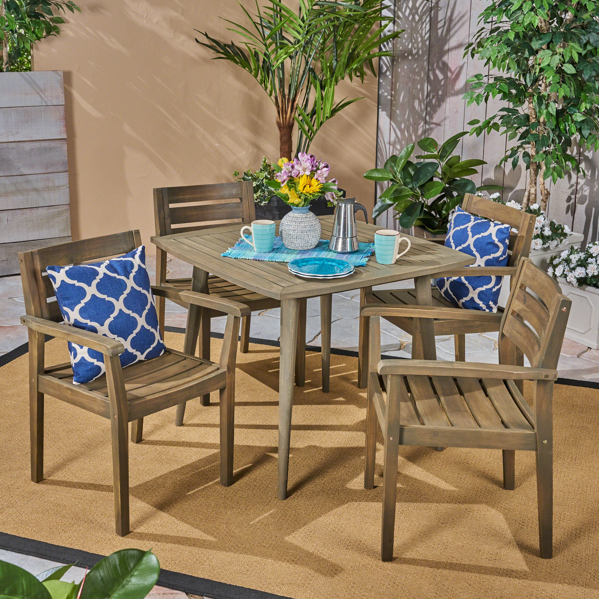 Zack Outdoor 5 Piece Acacia Wood Dining Set wit Straight Legged Dining Table - furnishings