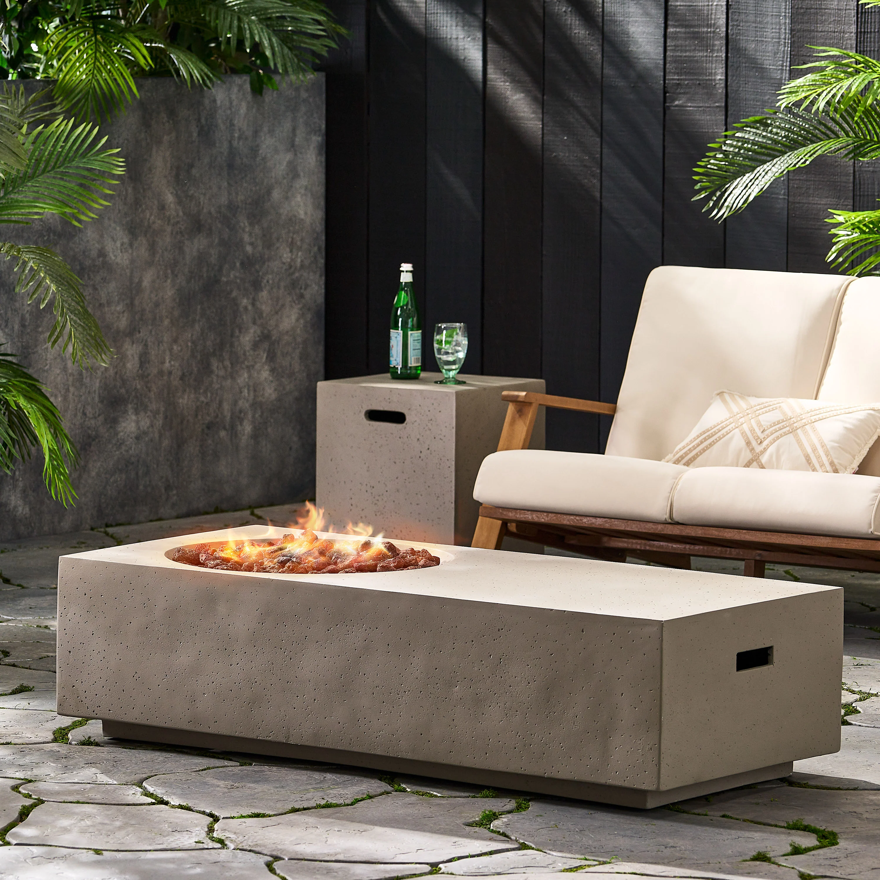 Fernhill Outdoor 50,000 BTU Lightweight Concrete Rectangular Fire Pit Table with Tank Holder, Light Gray - furnishings