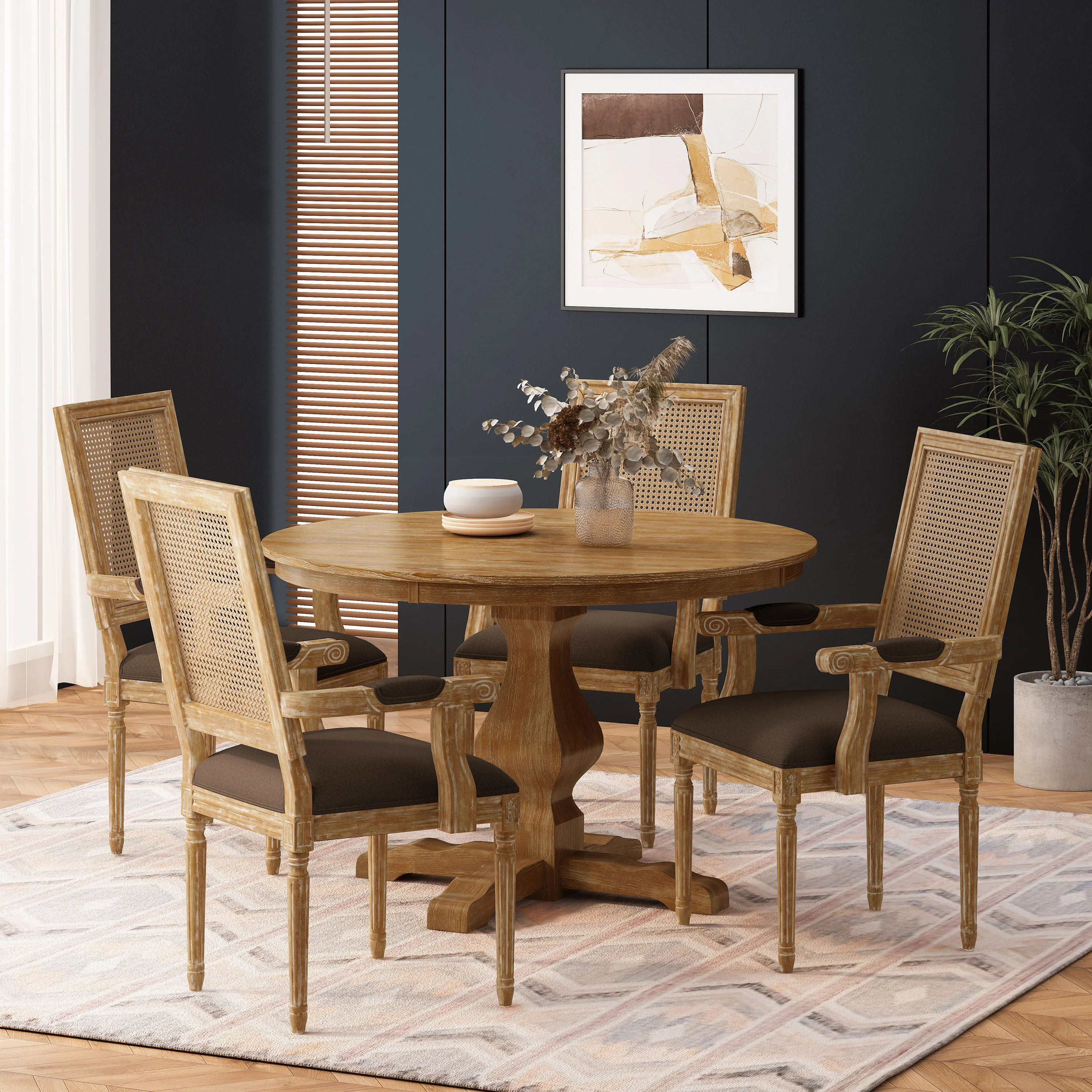 Joretta French Country Fabric Upholstered Wood and Cane 5 Piece Circular Dining Set - furnishings