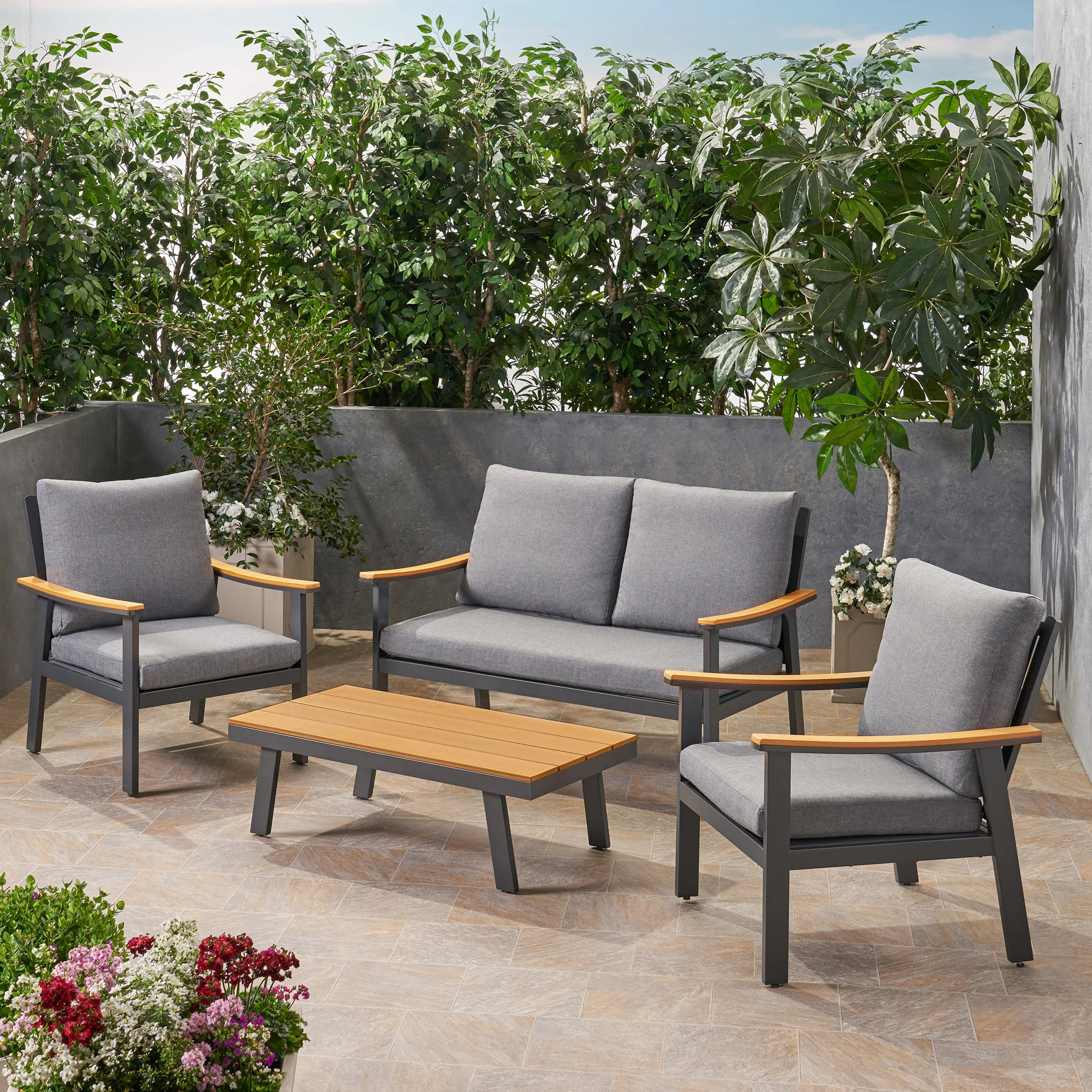Mathias Outdoor 4 Piece Aluminum and Faux Wood Chat Set with Cushions - furnishings