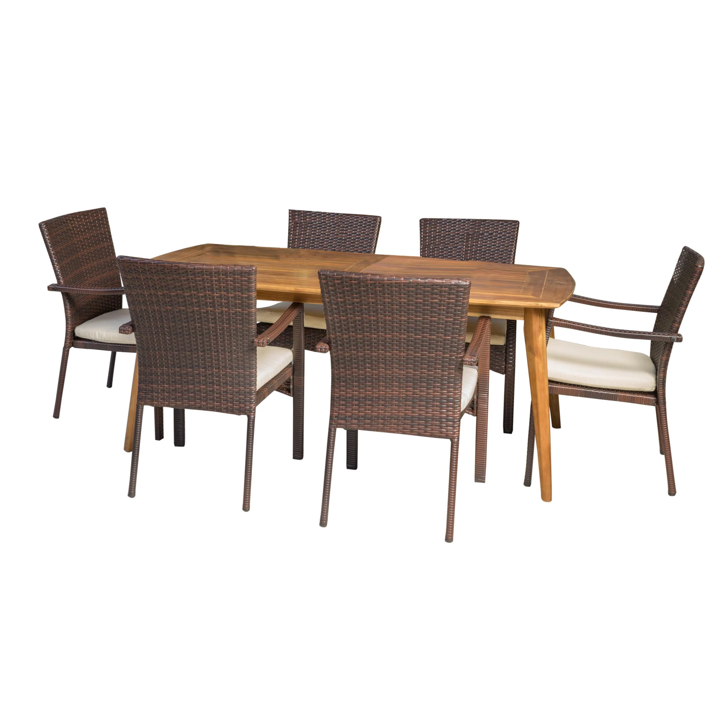 Pisciotta Outdoor 7-Piece Brown Wicker Dining Set with Cream Cushions - furnishings