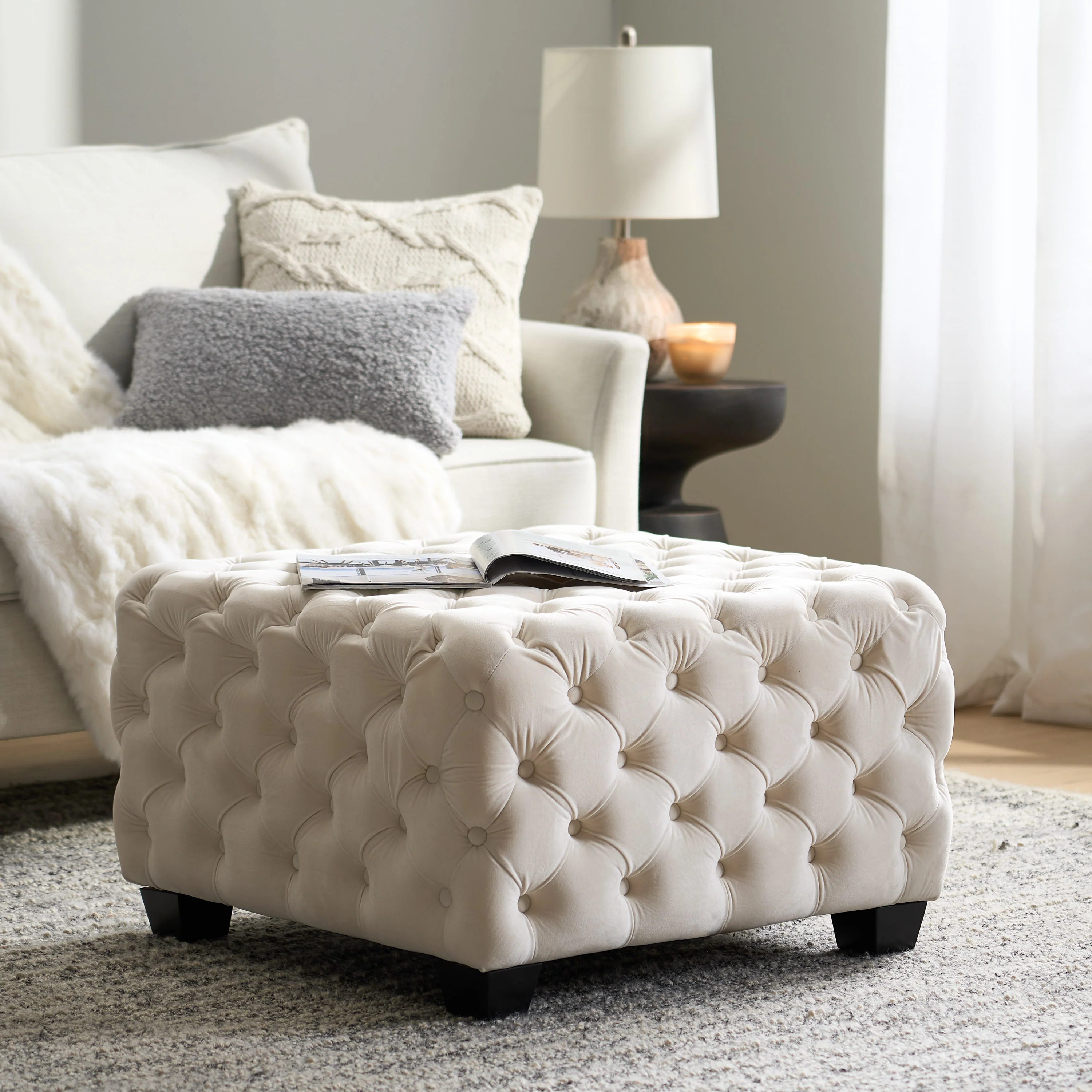 Provence Tufted New Velvet Fabric Ottoman Pouf - furnishings