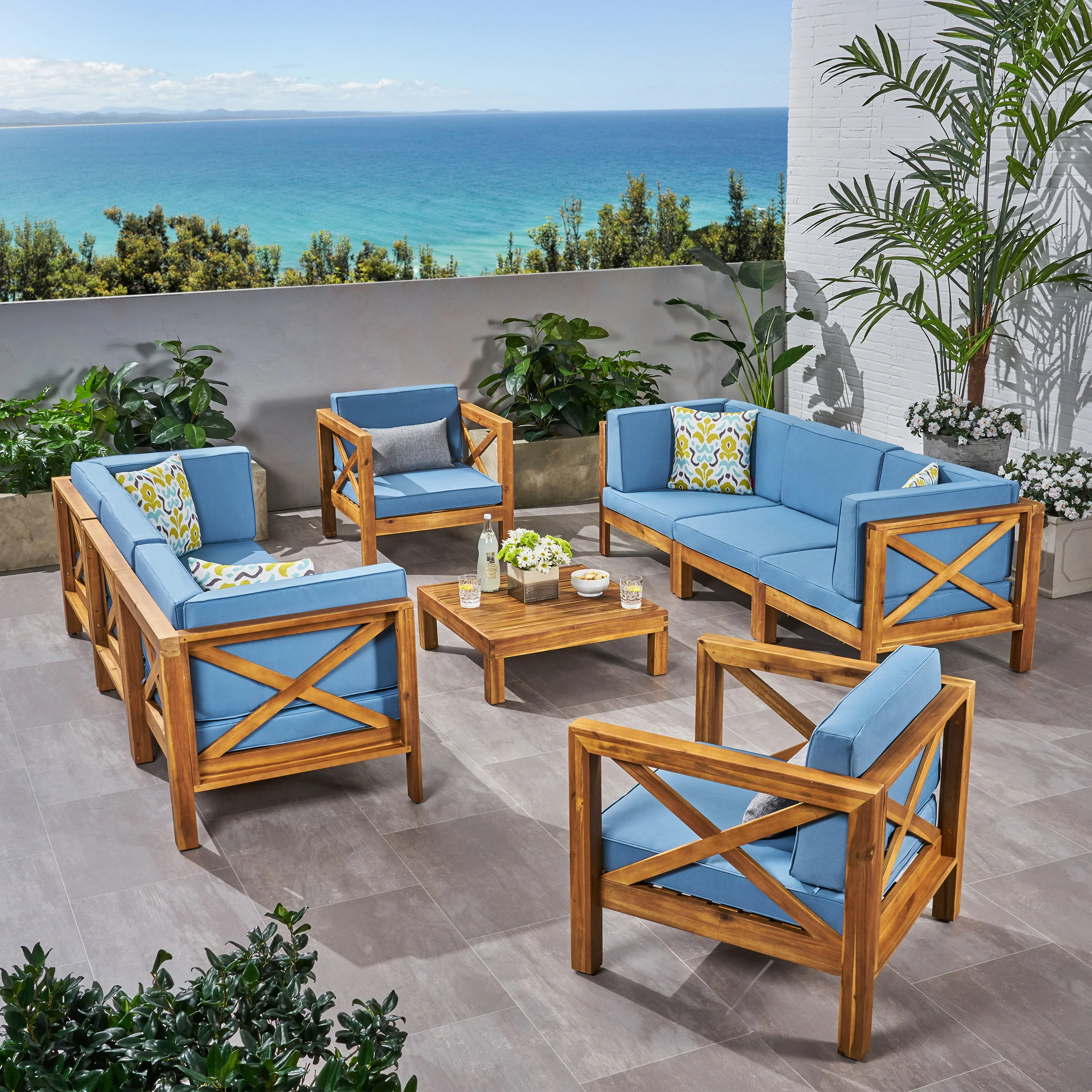 Morgan Outdoor 8 Seater Acacia Wood Sofa and Club Chair Set - furnishings