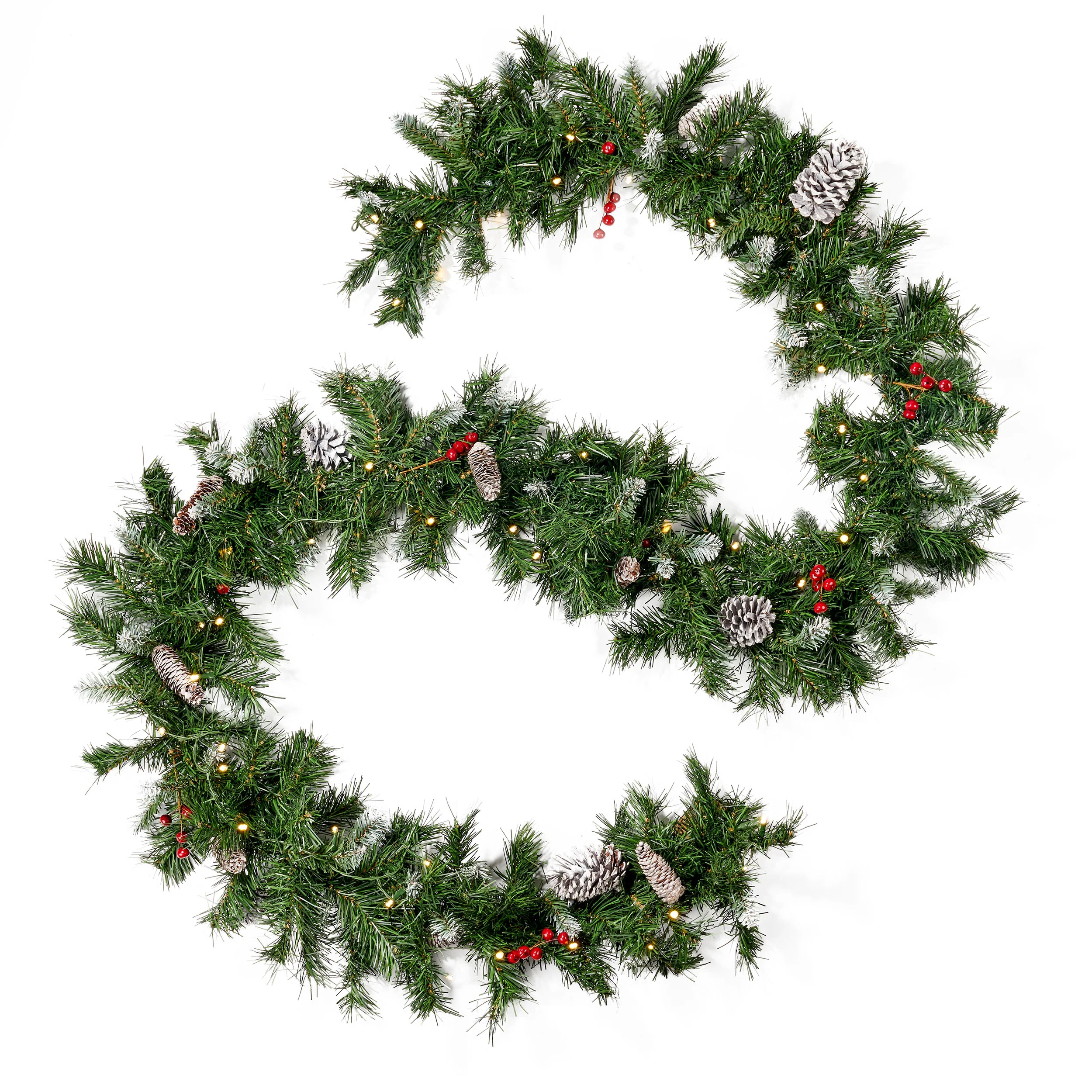 9-foot Mixed Spruce Pre-Lit Warm White LED Artificial Christmas Garland with Frosted Branches, Red Berries and Pinecones - furnishings