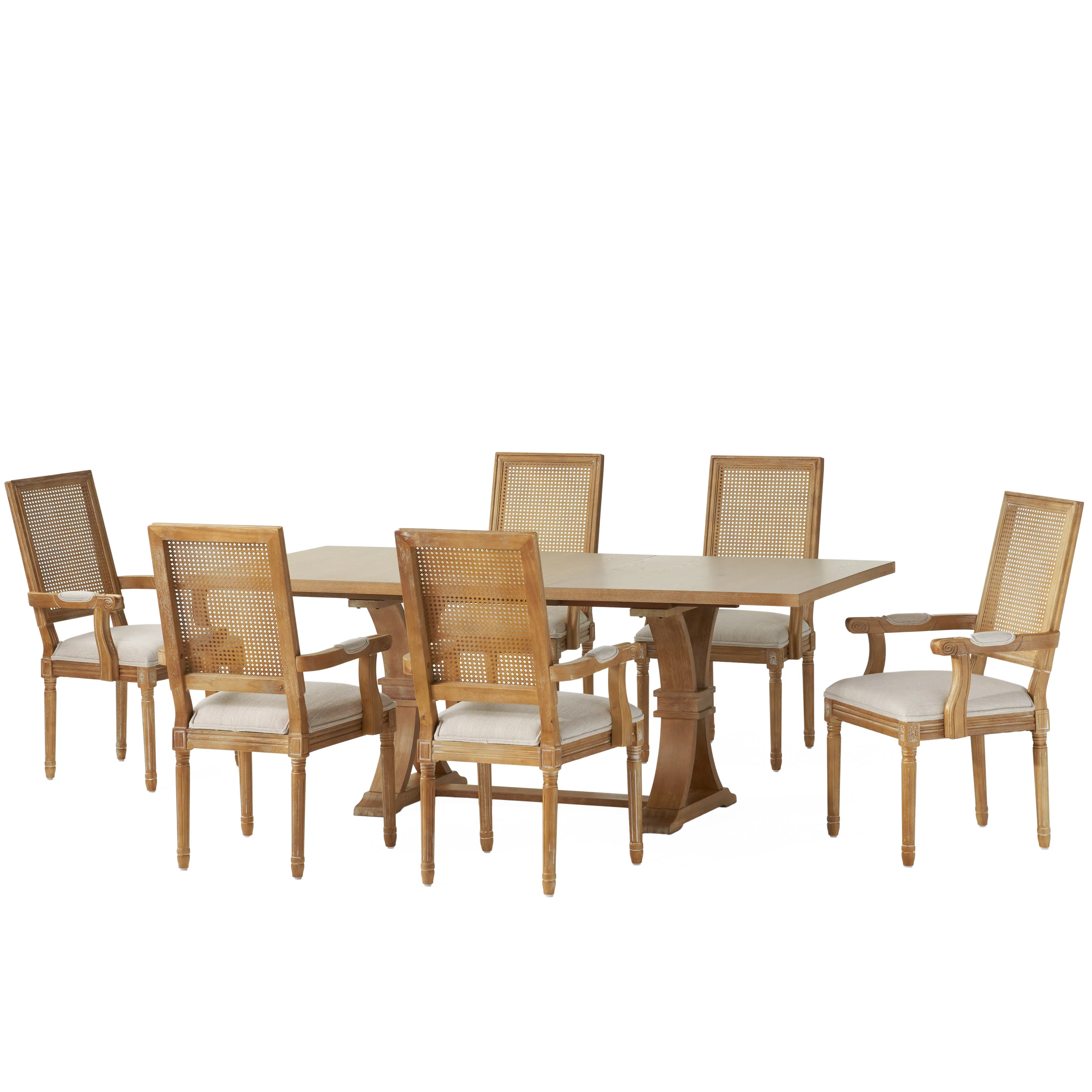 Zentner French Country Fabric Upholstered Wood and Cane 7 Piece Expandable Dining Set - furnishings