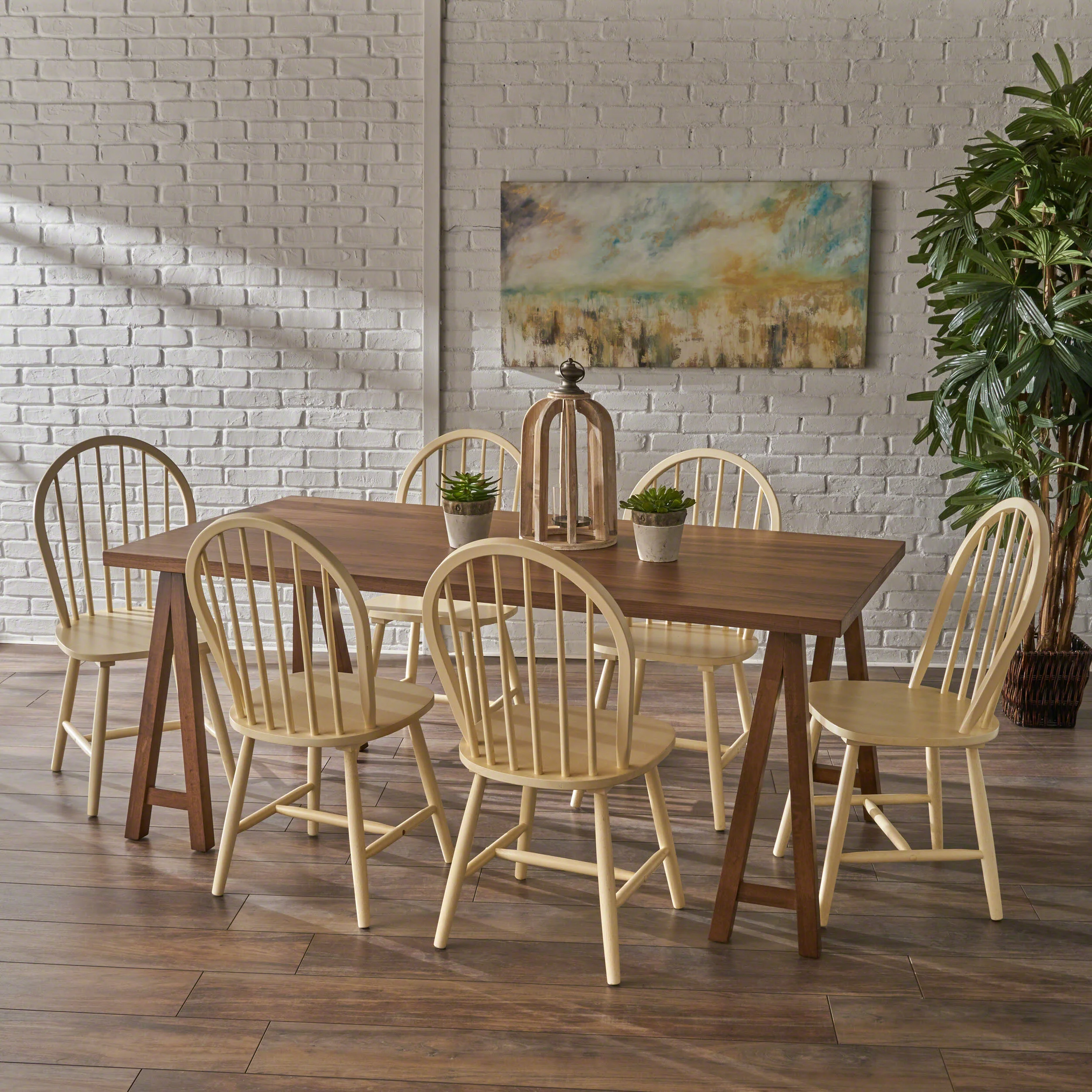 Angela Farmhouse Cottage 7 Piece Faux Wood Dining Set with Rubberwood Chairs, Antique White - furnishings