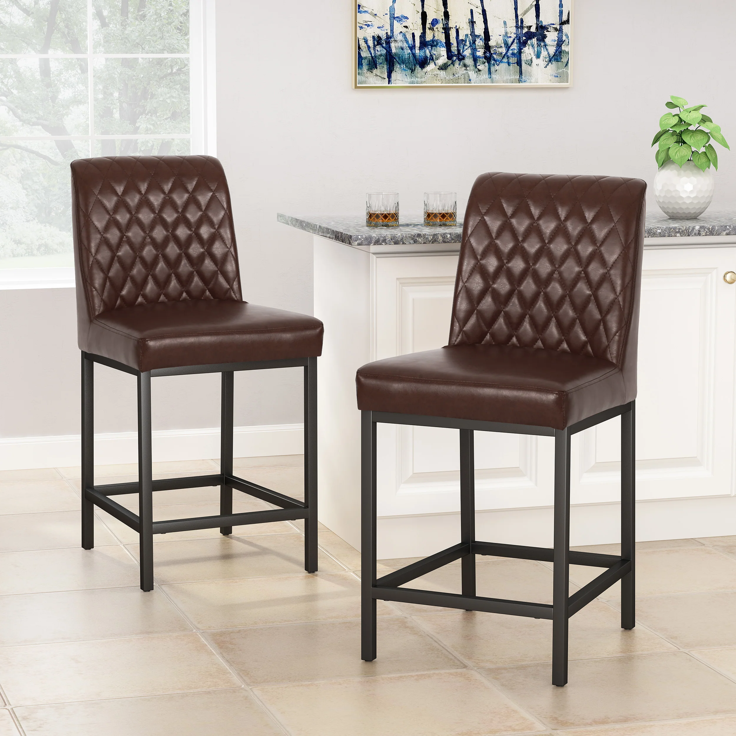 Lansing Contemporary Diamond Stitch Counter Stools, Set of 2 - furnishings