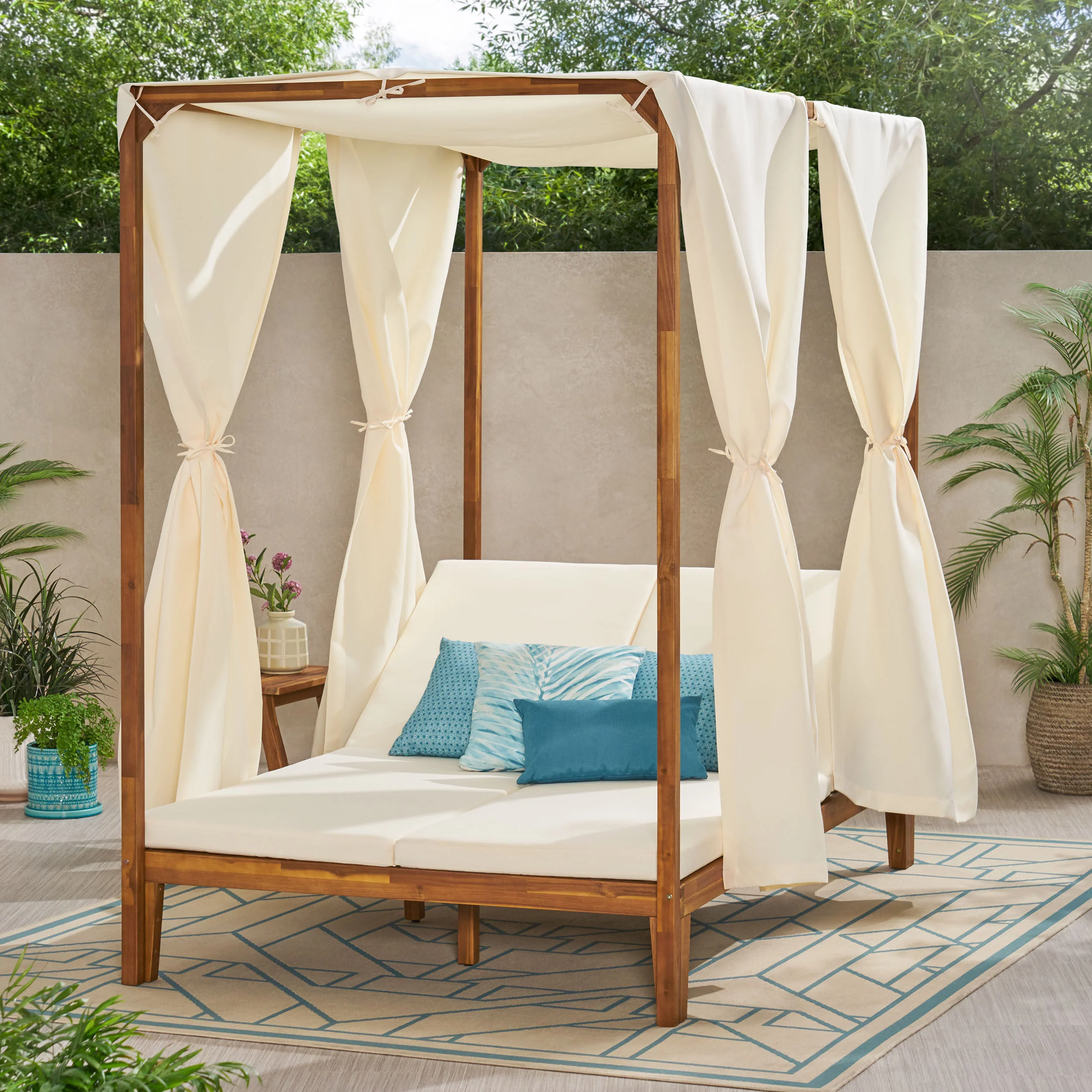 Leaverton Outdoor 2 Seater Adjustable Acacia Wood Daybed with Curtains - furnishings