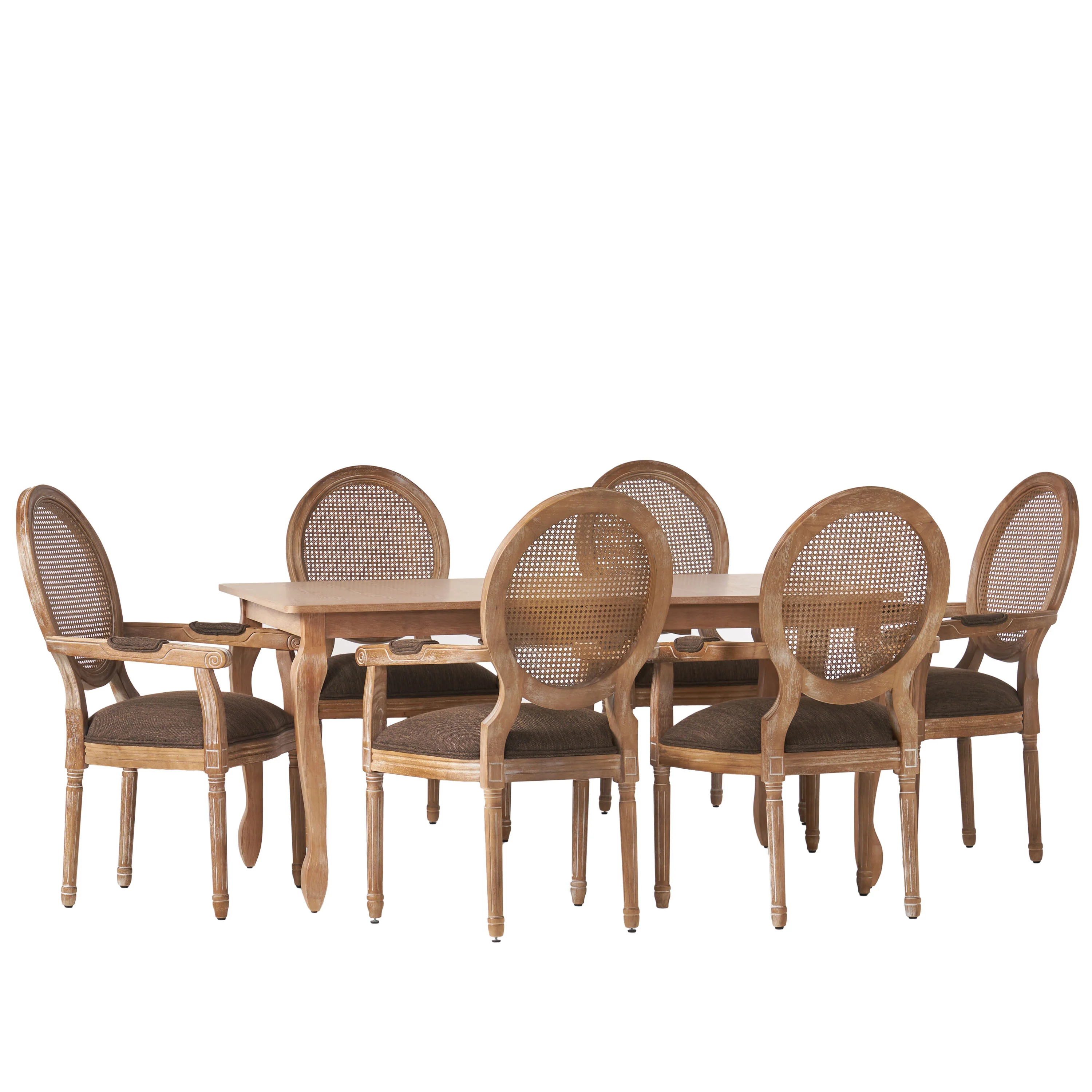 Comisky French Country Fabric Upholstered Wood and Cane Expandable 7 Piece Dining Set - furnishings