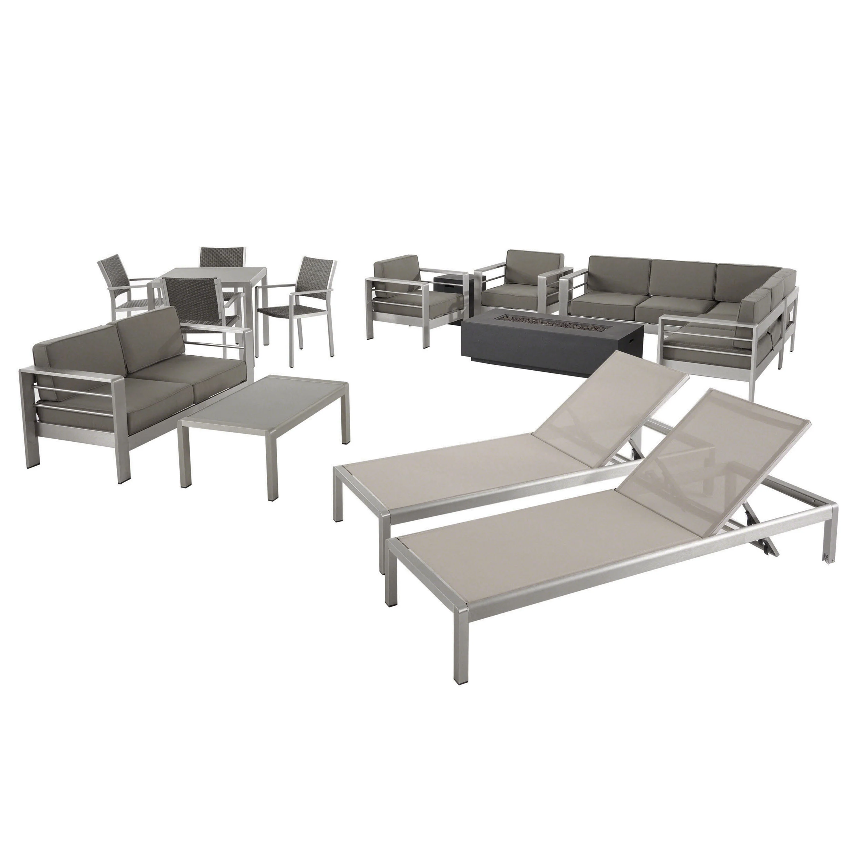 Cherie Outdoor Estate Collection with Fire Pit and Tempered Glass Top Dining Table - furnishings