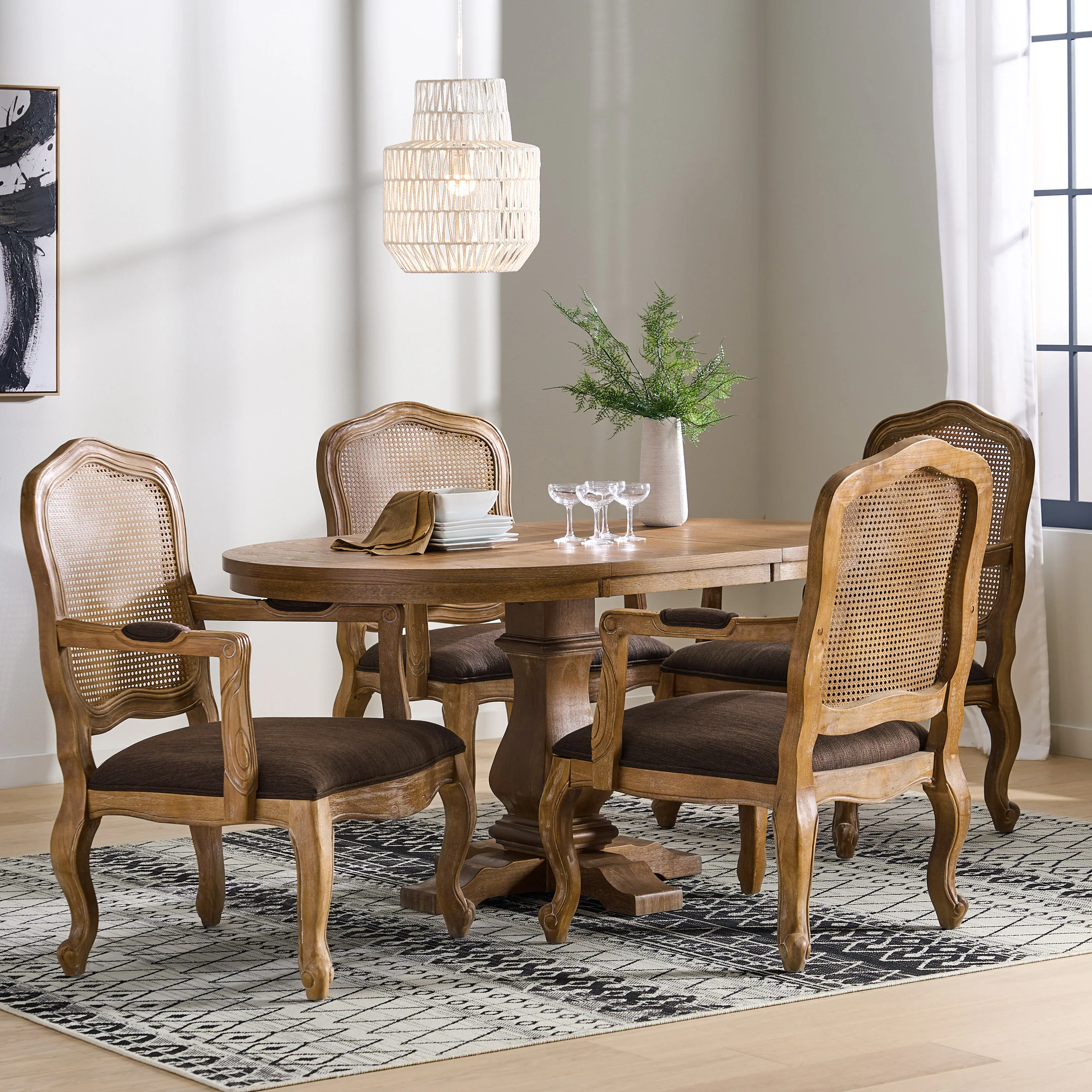 Biorn French Country Wood and Cane 5-Piece Expandable Oval Dining Set - furnishings